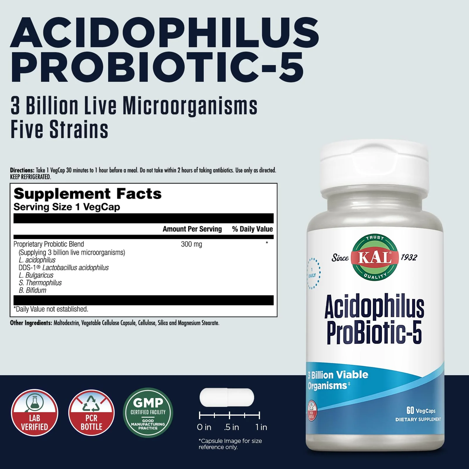 KAL Acidophilus Tablets, Probiotic-5 Capsules, 3 Bil, 60 Count - Image 2