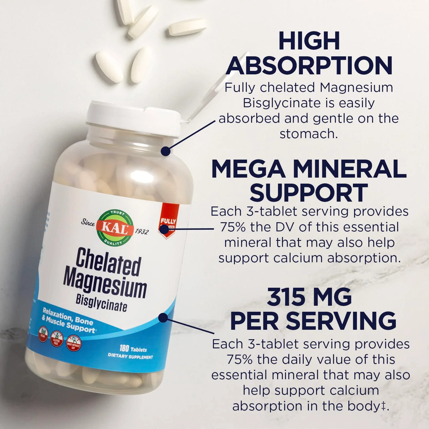 KAL Chelated Magnesium Bisglycinate, Magnesium Supplement for Relaxation, Bone Health, Nerve & Muscle Function Support*, High Absorption, Gentle Digestion, Vegan, Gluten Free, 60 Servings, 180 Tablets - Image 4