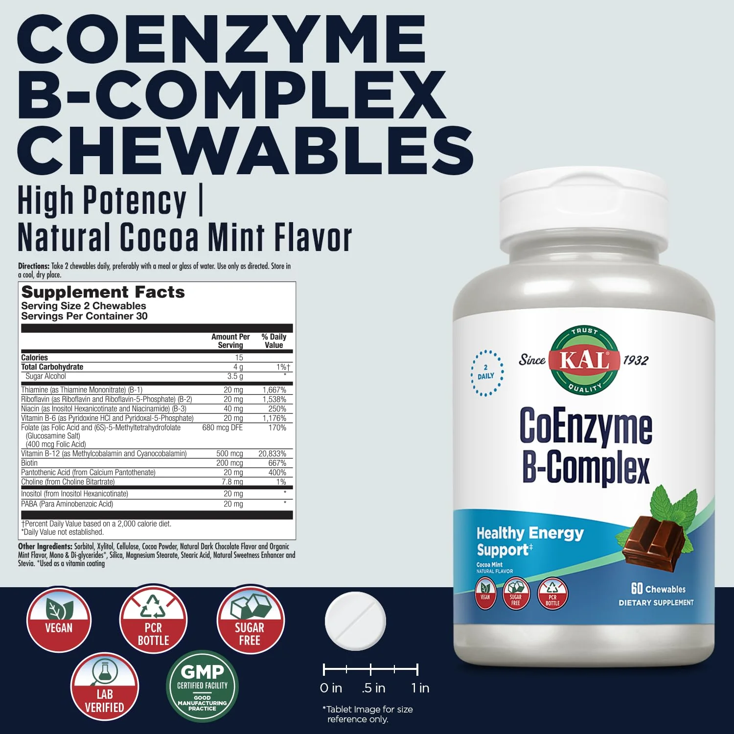 KAL CoEnzyme Vitamin B Complex, Chewable B Vitamins for Healthy Energy, Red Blood Cell and Nerve Function Support w/Vitamin B12, B6, Folic Acid, Natural Cocoa Mint, Vegan, Sugar Free, 30 Serv, 60ct - Image 2
