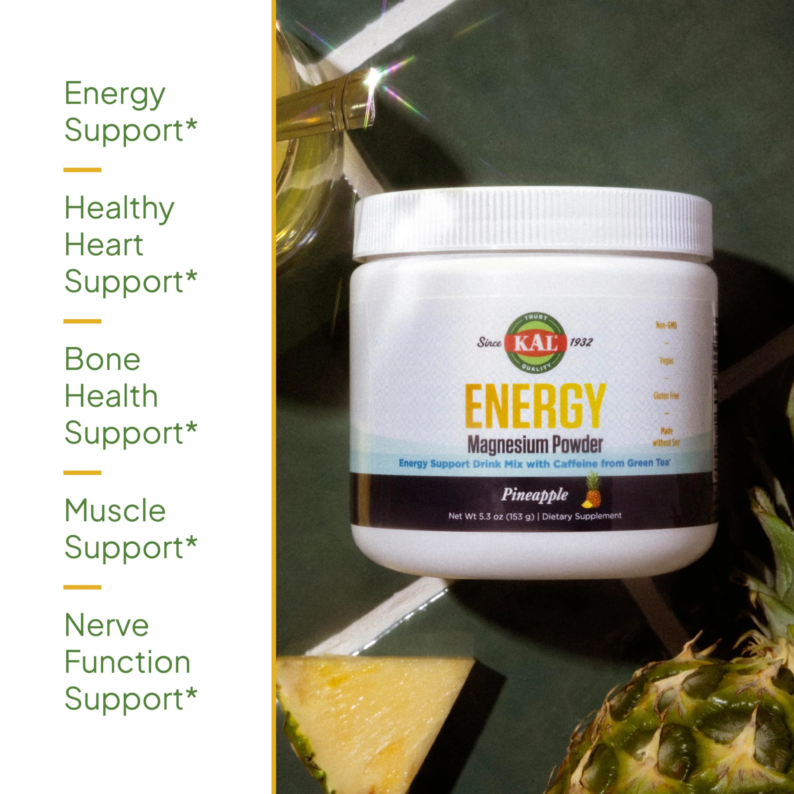 KAL Energy Magnesium Powder Drink, Pineapple Flavor Magnesium Citrate Powder, Energy Support with Green Tea Caffeine, Sugar Free, 40 Servings - Image 4