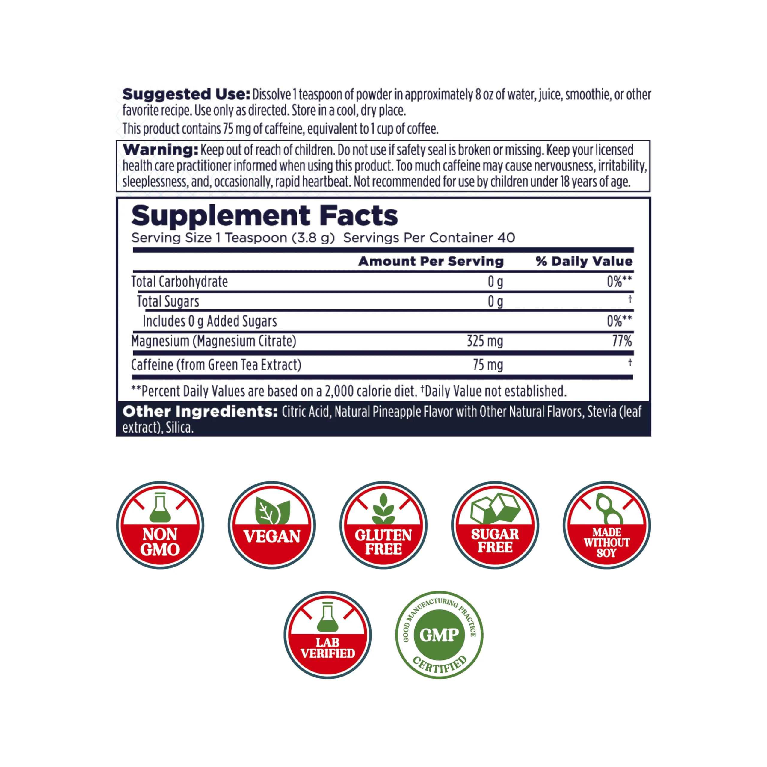 KAL Energy Magnesium Powder Drink, Pineapple Flavor Magnesium Citrate Powder, Energy Support with Green Tea Caffeine, Sugar Free, 40 Servings - Image 5