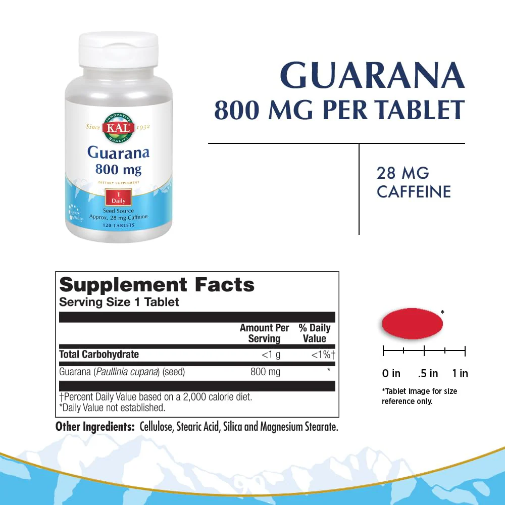 KAL Guarana 800 | Approx. 28 milligrams of Naturally Occurring Caffeine | Healthy Energy and Focus Support | 120 Tablets - Image 2