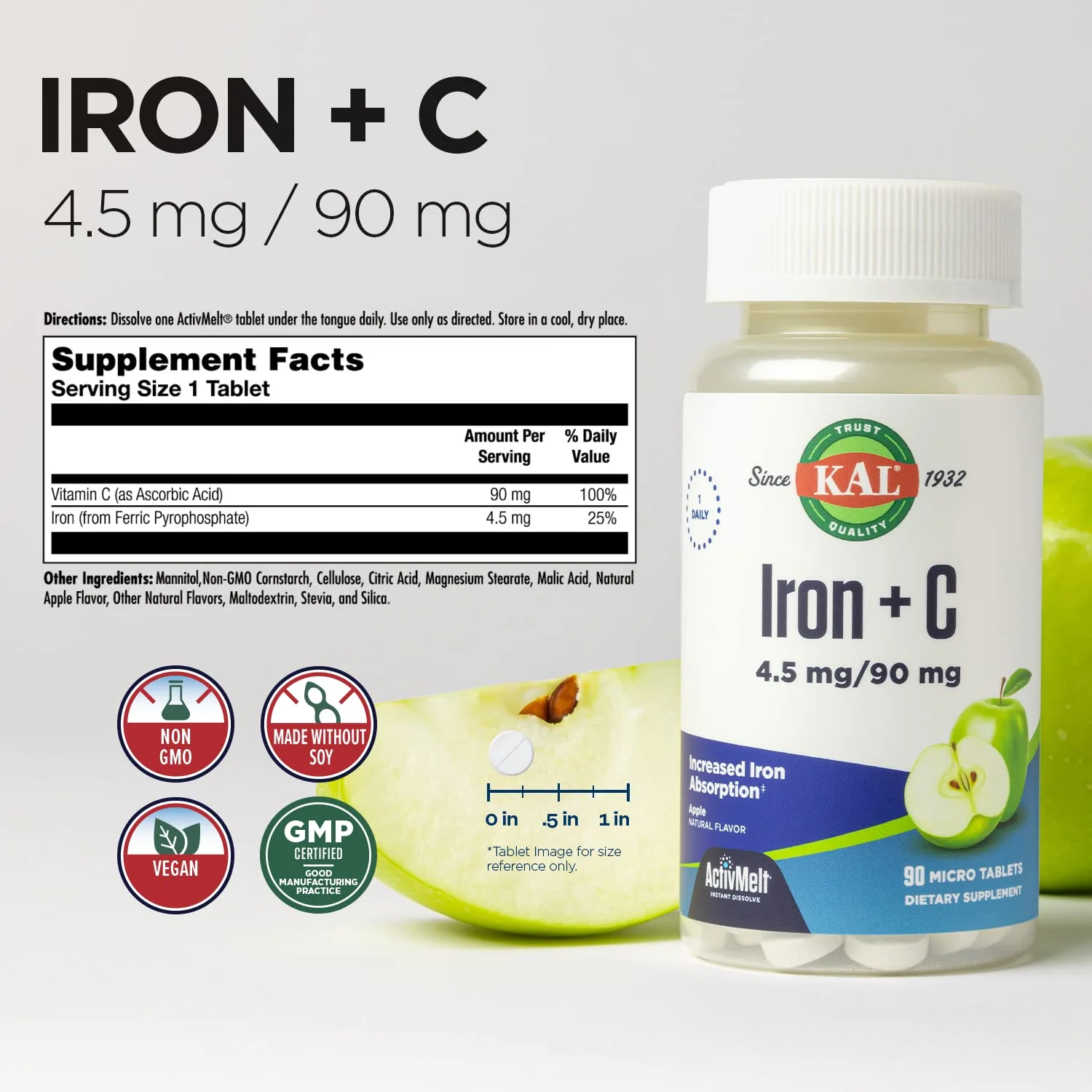 KAL Iron C, 90 Tablets, 4.5 mg/90 mg, Natural Apple Flavor, Increased Absorption Iron Pills, Immune Support - Image 6