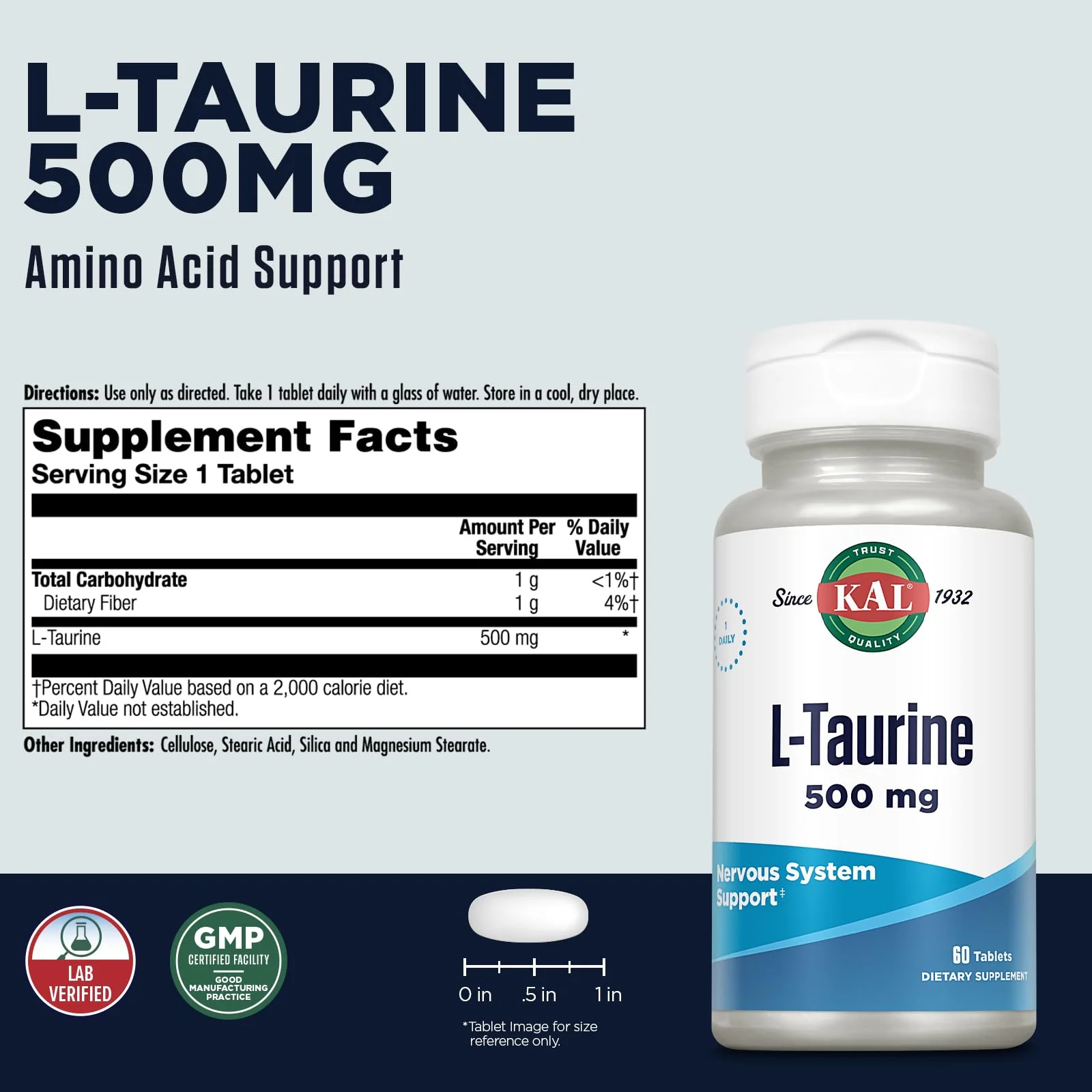KAL L Taurine 500mg, Amino Acids Supplement, Nervous System Health, Heart Health and Detox Support, Pre Workout Supplement, Rapid Disintegration ActivTabs, 60-Day Guarantee, 60 Servings, 60 Tablets - Image 2