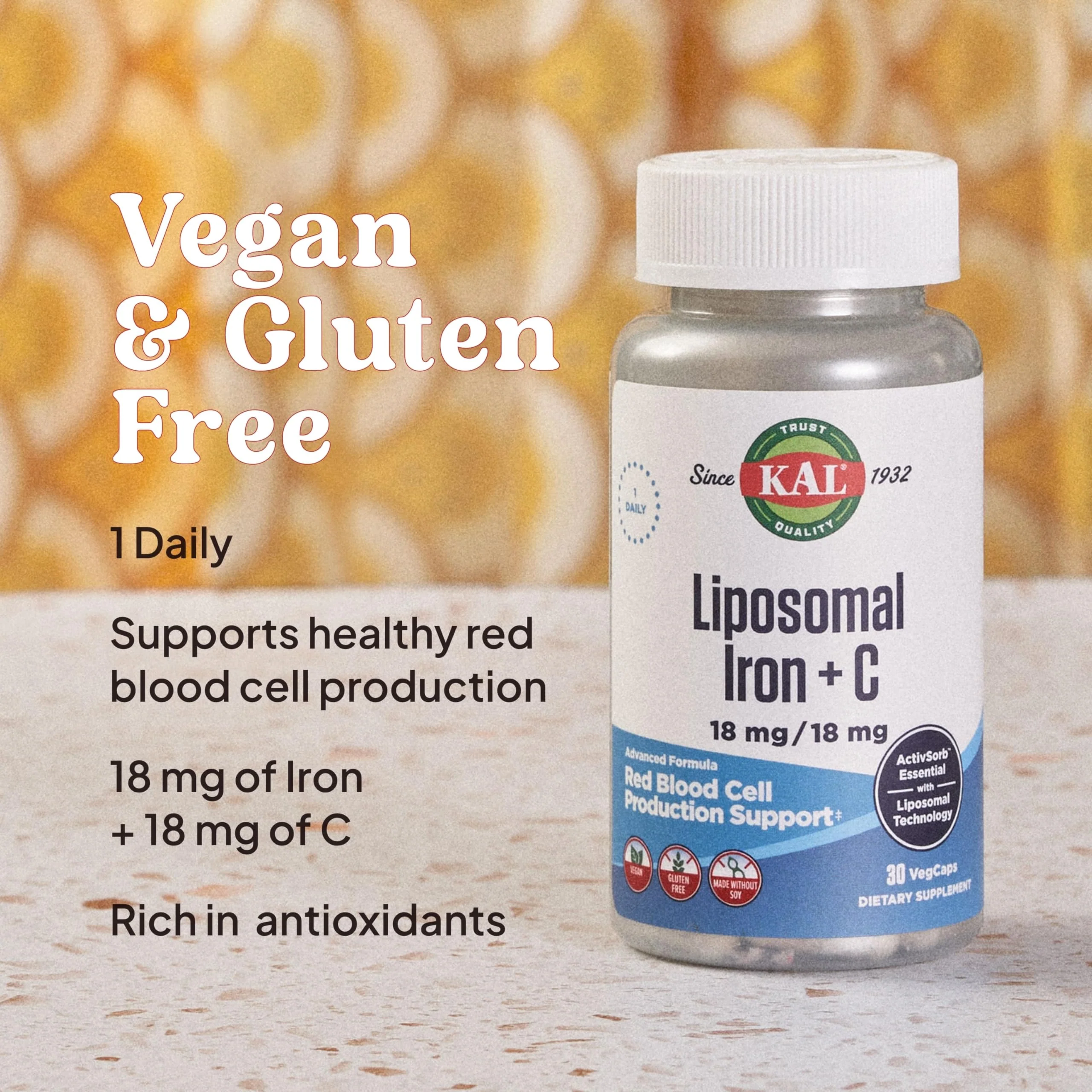 KAL Liposomal Iron Supplement with Liposomal Vitamin C, Iron Supplement for Women and Men, High Absorption, Gentle Iron Pills, Vegan, Gluten Free, 30 Servings, 30 VegCaps - Image 4