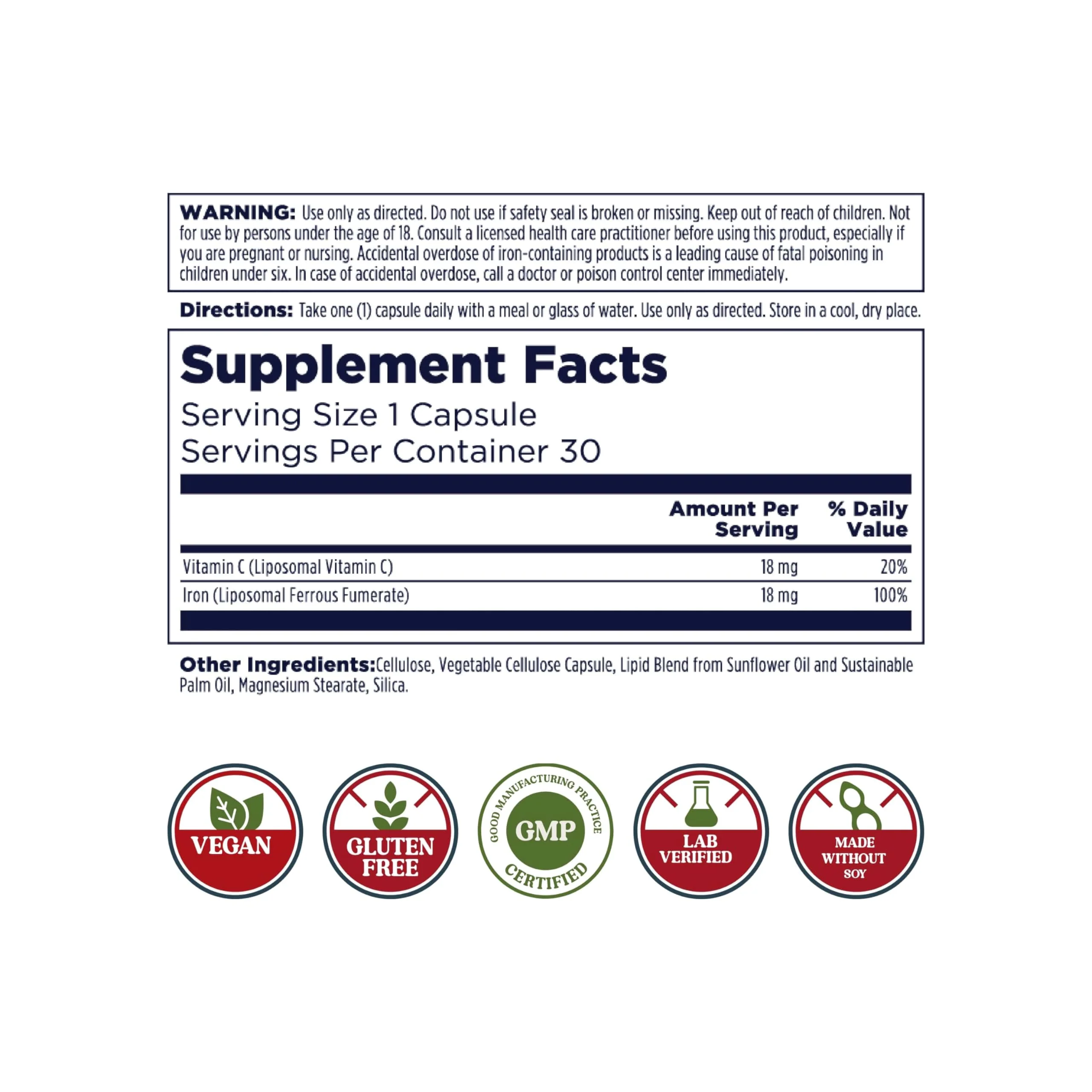 KAL Liposomal Iron Supplement with Liposomal Vitamin C, Iron Supplement for Women and Men, High Absorption, Gentle Iron Pills, Vegan, Gluten Free, 30 Servings, 30 VegCaps - Image 6