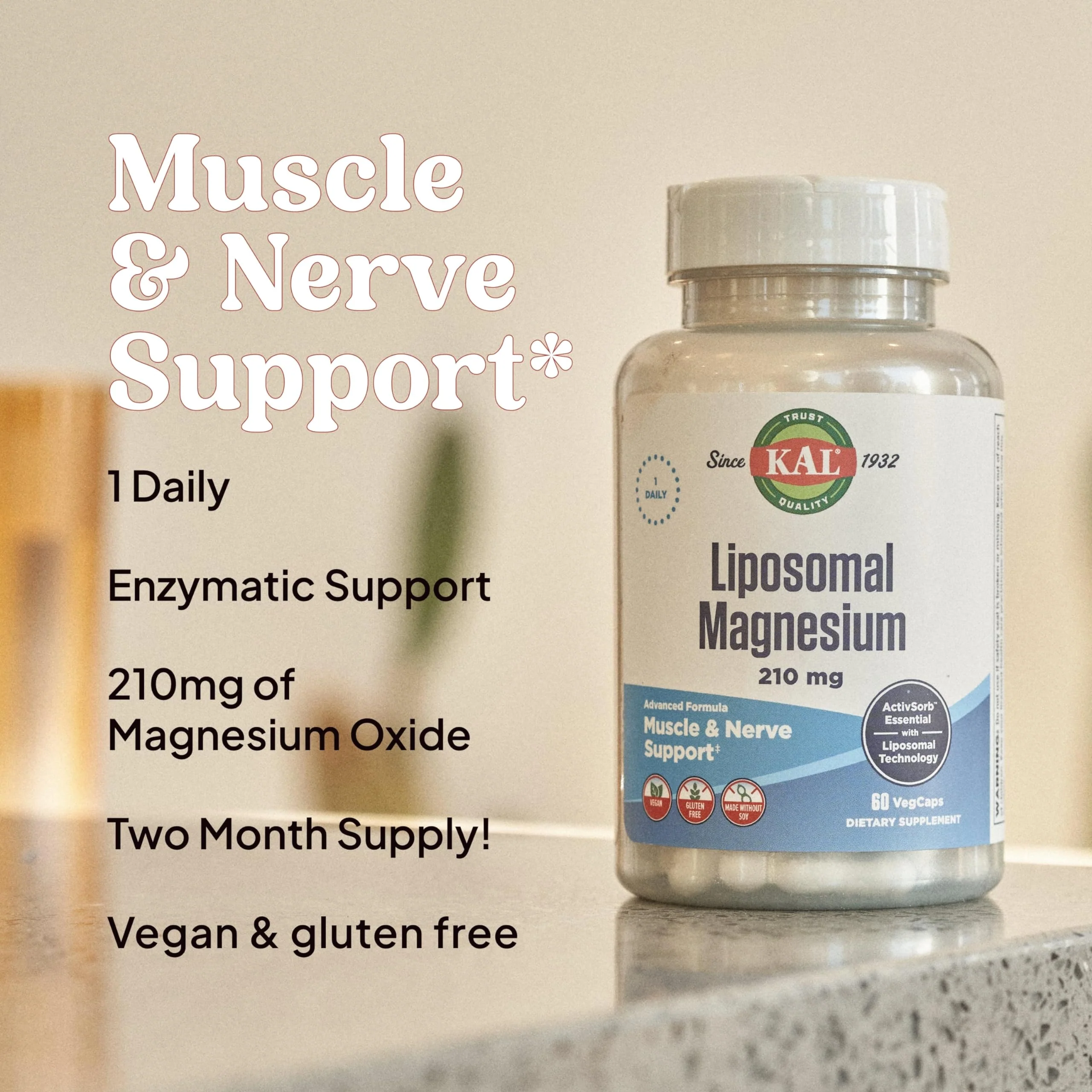 KAL Liposomal Magnesium Oxide 210 mg High Absorption, Liposomal Technology, Essentials Muscle Support, Advanced Formula, Vegan Capsules, Gluten Free, No Soy, 60 Servings - Image 4
