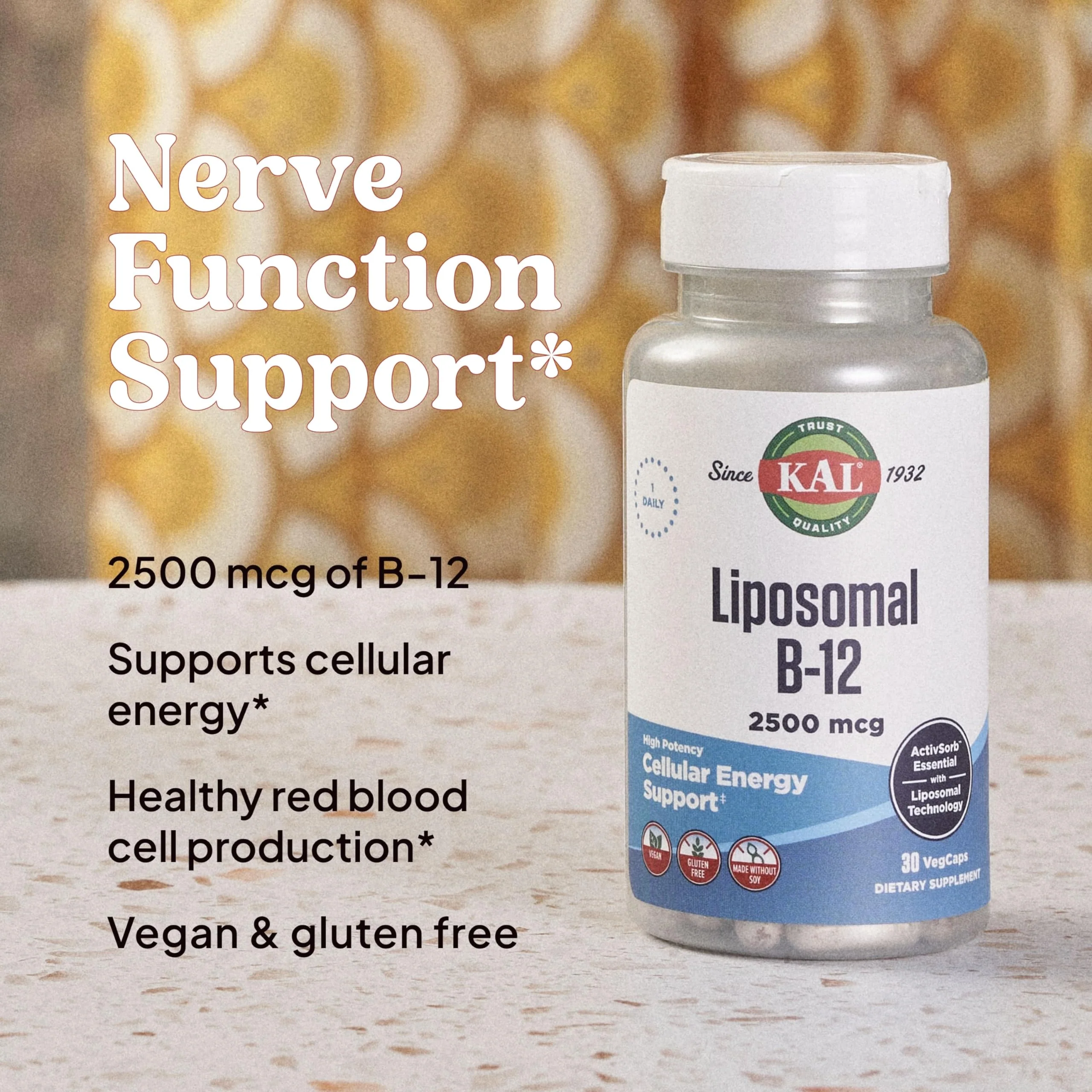 KAL Liposomal Vitamin B12 2500 mcg, High Absorption, Liposomal Technology, Cellular Energy Support, Vegan Capsules, Gluten Free, Made Without Soy, 30 Servings - Image 4