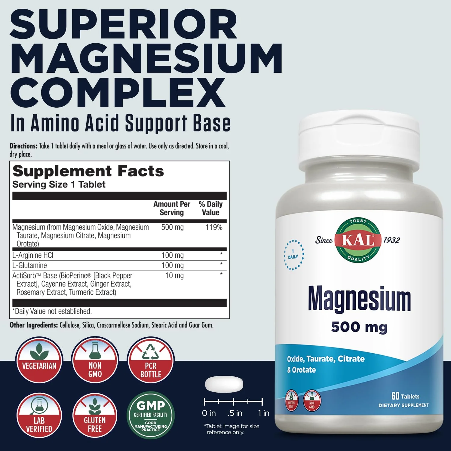 KAL Magnesium Tablets - Magnesium Oxide, Taurate, Citrate & Orotate Supplement, 500 mg per Serving, Enhanced Absorption, Bioavailable Formula for Men & Women, Non-GMO, Vegetarian - 60 Count Tablets - Image 2