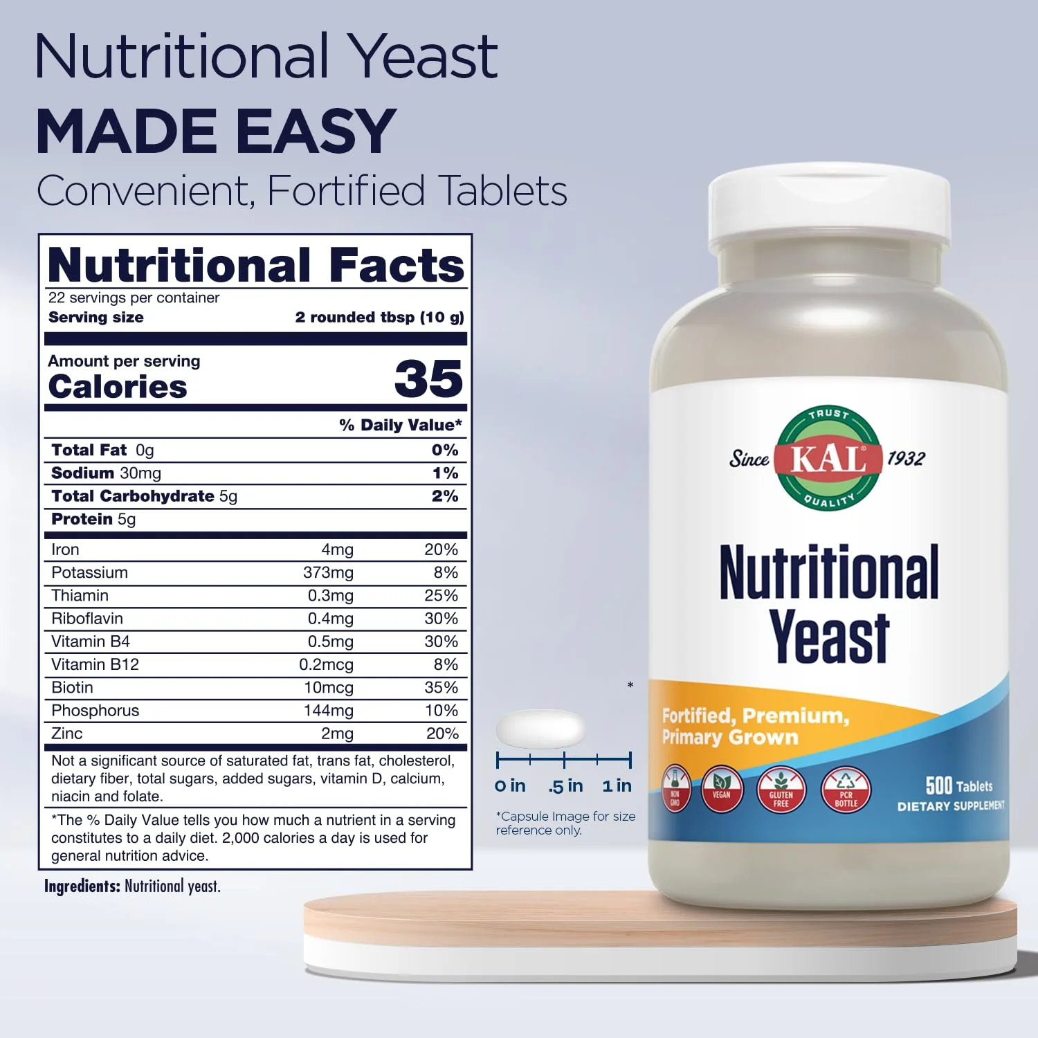 KAL Nutritional Yeast Supplement, Fortified w/ B12, Biotin, Folic Acid, Other B Vitamins, Naturally Occurring Amino Acids, Healthy Hair, Skin & Energy Support, Vegan, Gluten Free, 83 Serv, 500 Tablets - Image 2