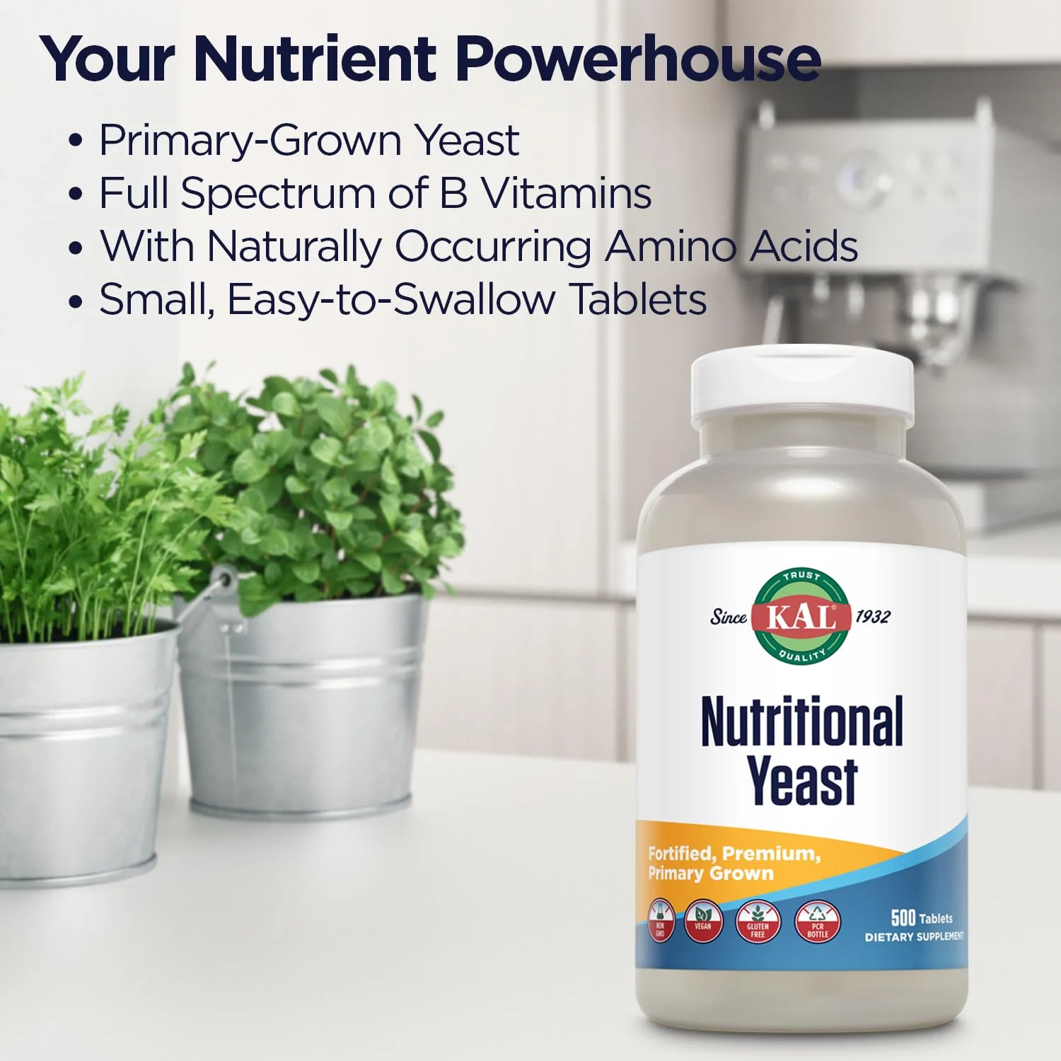 KAL Nutritional Yeast Supplement, Fortified w/ B12, Biotin, Folic Acid, Other B Vitamins, Naturally Occurring Amino Acids, Healthy Hair, Skin & Energy Support, Vegan, Gluten Free, 83 Serv, 500 Tablets - Image 3