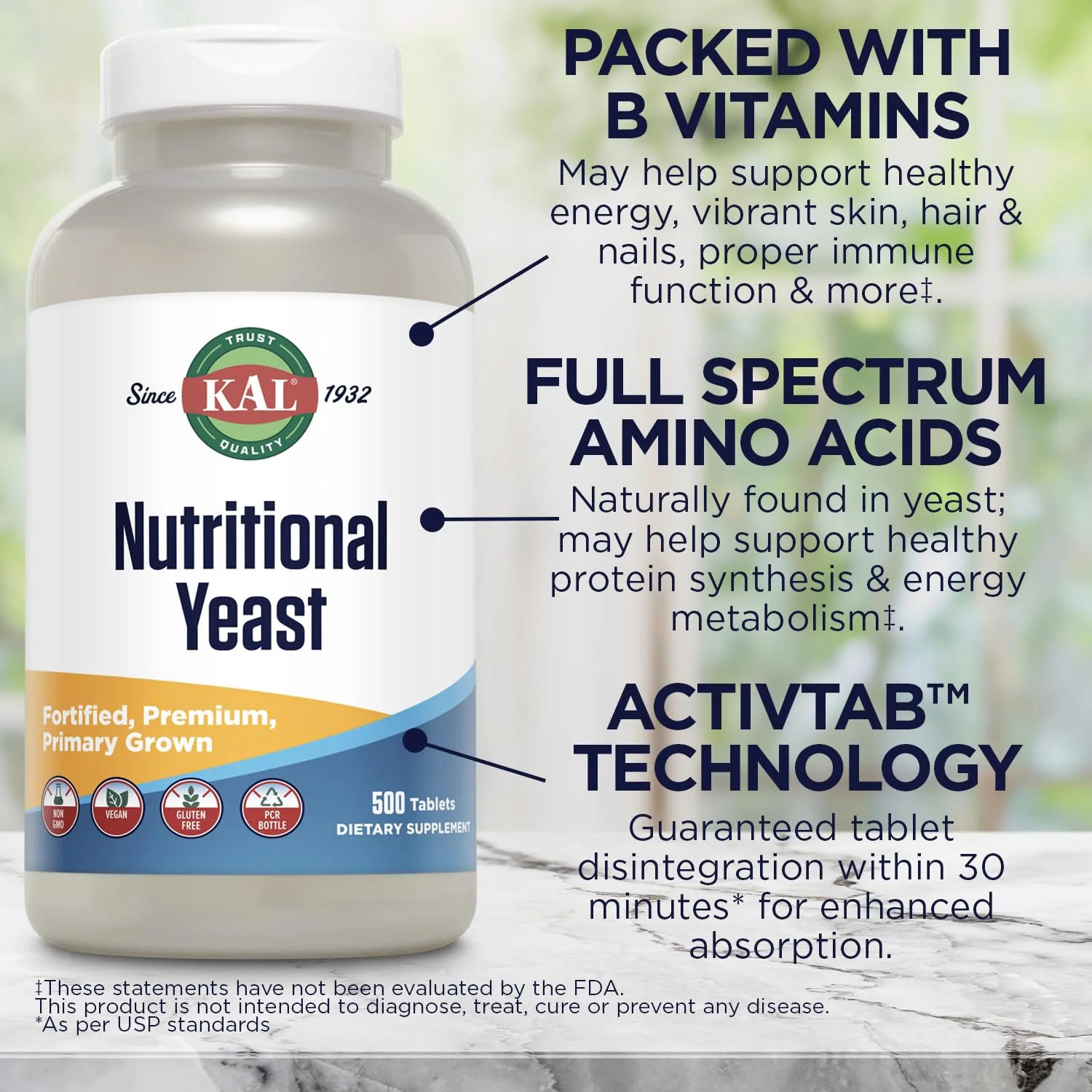 KAL Nutritional Yeast Supplement, Fortified w/ B12, Biotin, Folic Acid, Other B Vitamins, Naturally Occurring Amino Acids, Healthy Hair, Skin & Energy Support, Vegan, Gluten Free, 83 Serv, 500 Tablets - Image 4