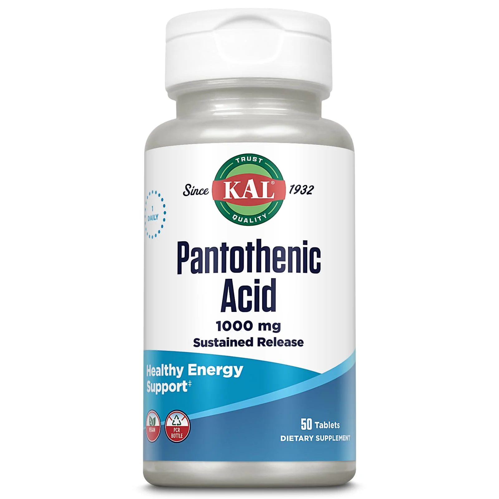 KAL Pantothenic Acid 1000mg, Sustained Release Vitamin B5 - Energy Supplements - Supports Metabolism of Carbs, Fat and Protein, Hair and Skin Health, Vegan, 60-Day Guarantee, 50 Servings, 50 Tablets