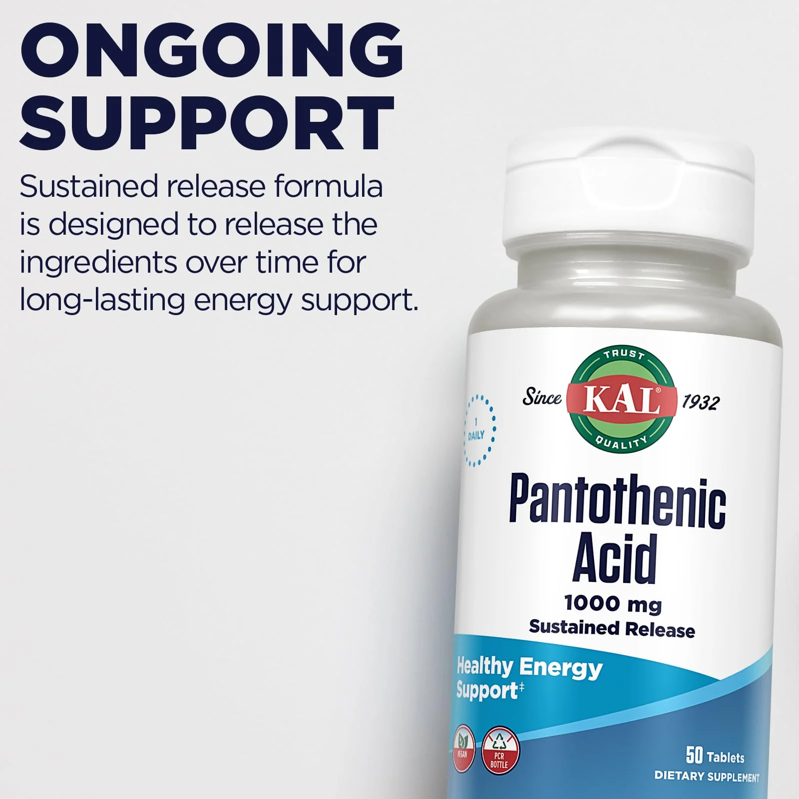 KAL Pantothenic Acid 1000mg, Sustained Release Vitamin B5 - Energy Supplements - Supports Metabolism of Carbs, Fat and Protein, Hair and Skin Health, Vegan, 60-Day Guarantee, 50 Servings, 50 Tablets - Image 5