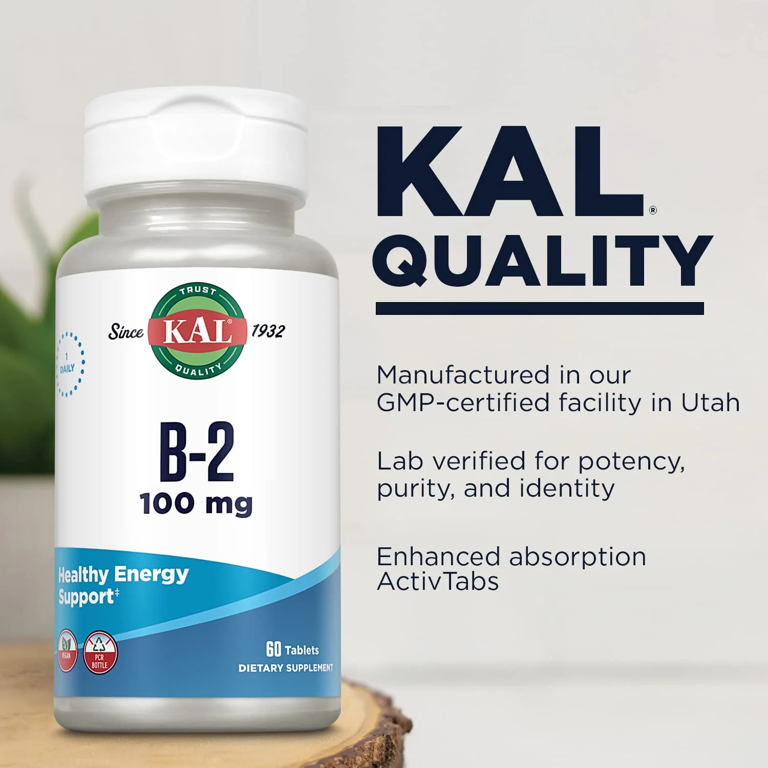 KAL Vitamin B2 100mg, Riboflavin B2, Healthy Energy and Metabolism Supplement, Red Blood Cell Synthesis Support, Enhanced Absorption ActivTabs, Vegan, 60-Day Guarantee, 60 Servings, 60 Tablets - Image 4