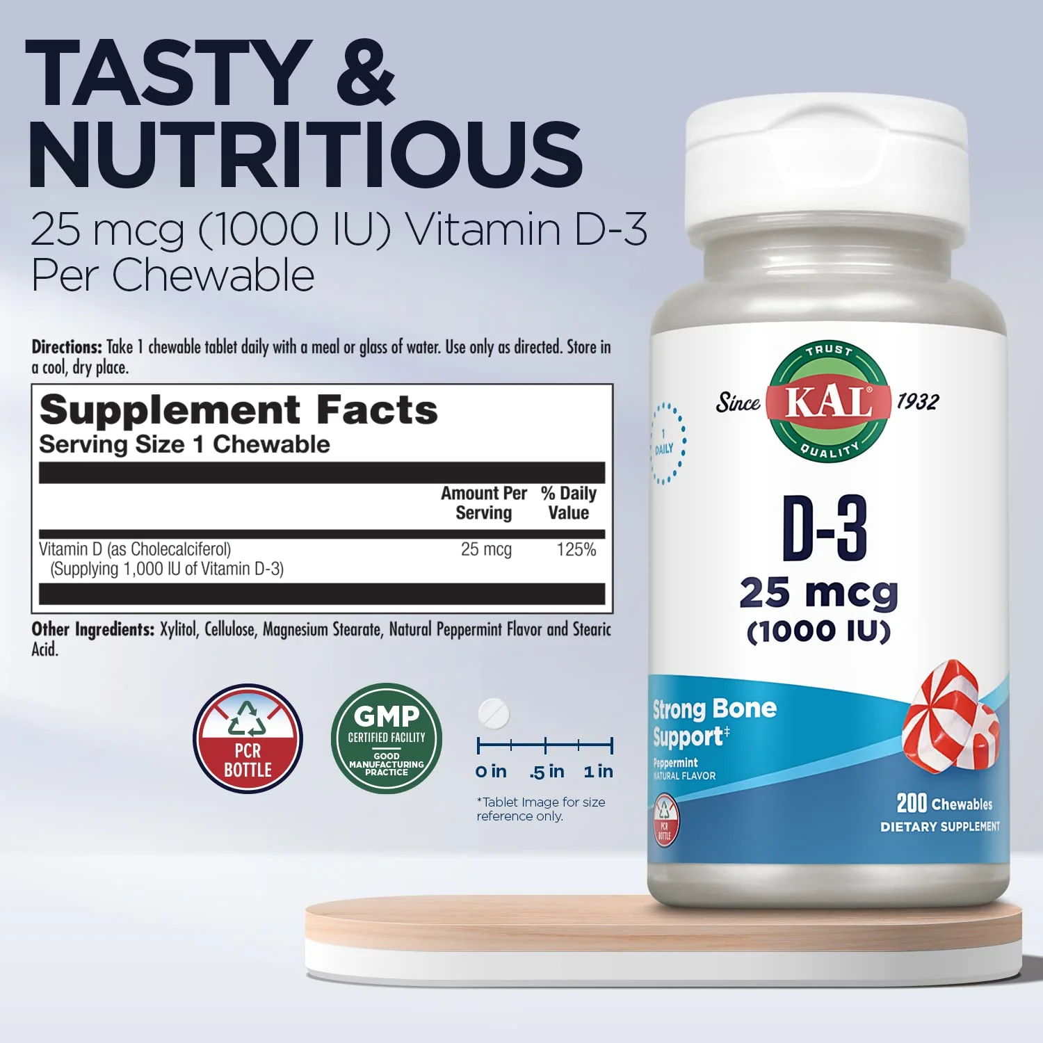 KAL Vitamin D-3 1000 IU Chewable | Peppermint Flavor | Healthy Immune Function & Bone Support | 200 Chews, 200 Serv - Image 3
