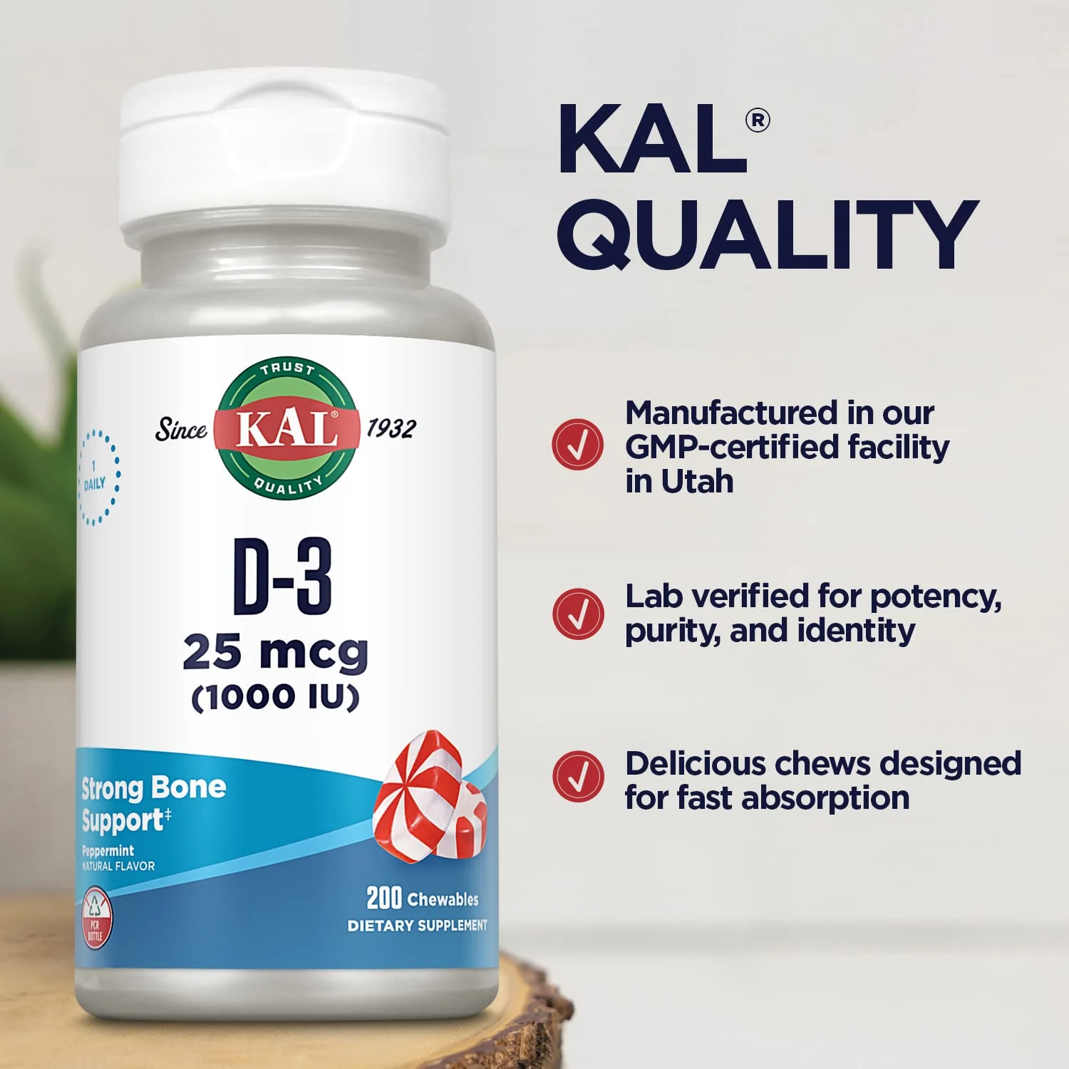 KAL Vitamin D-3 1000 IU Chewable | Peppermint Flavor | Healthy Immune Function & Bone Support | 200 Chews, 200 Serv - Image 5