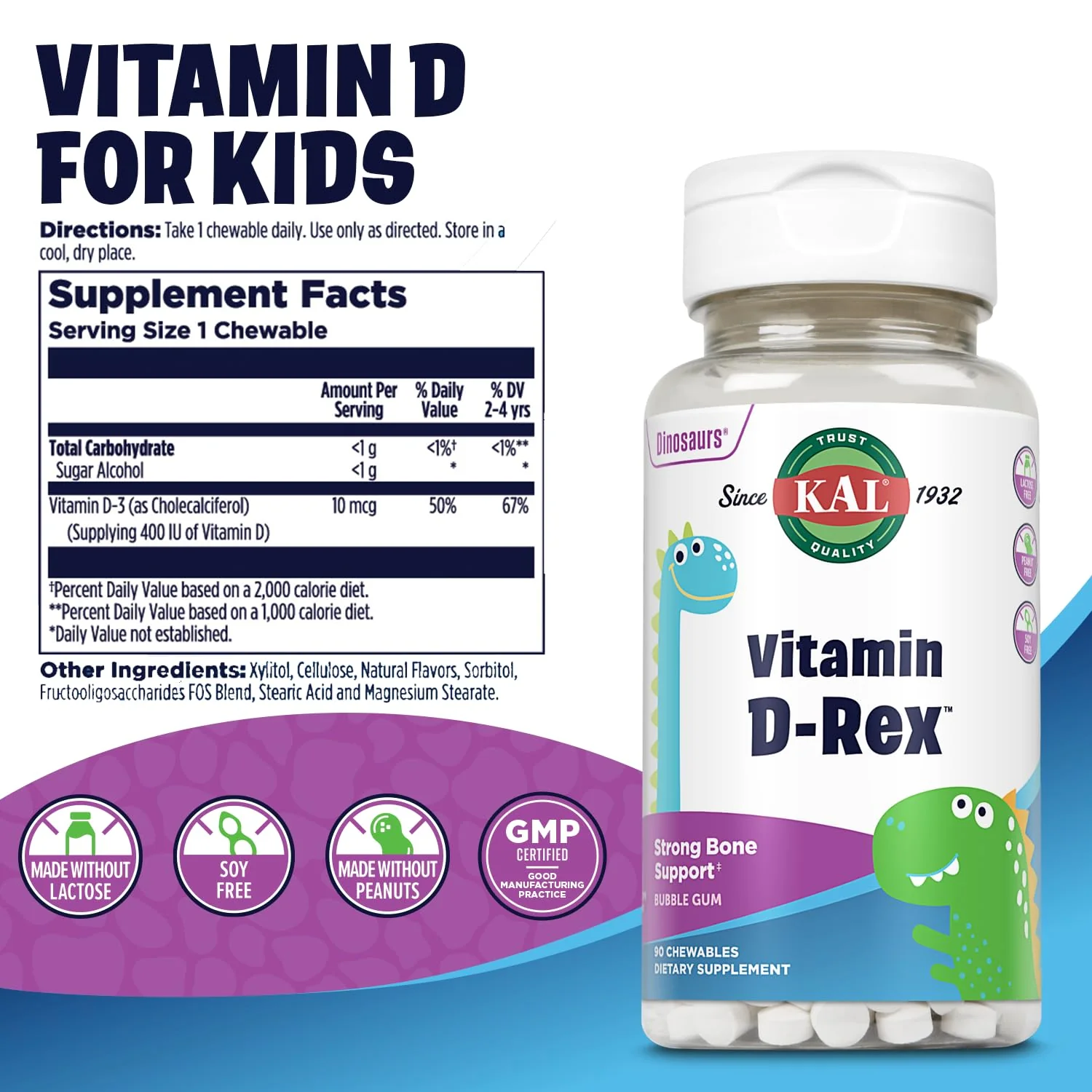 KAL Vitamin D-Rex Chewable, Childrens Vitamins 400 IU D-3, Bubble Gum Flavor, Strong Bone & Immune Support, Lactose/Peanut/Soy Free, 60-Day Guarantee, 90 Servings, 90 Dinosaur Shape Chewables - Image 2