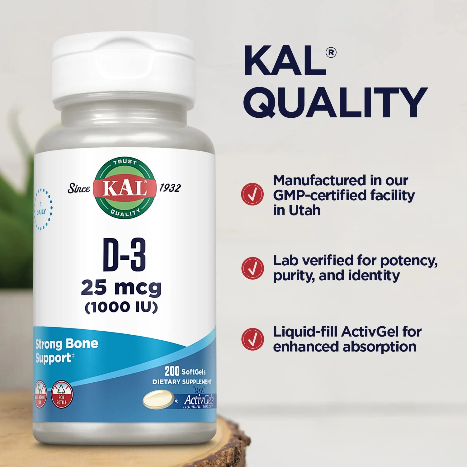 KAL Vitamin D3 1000 IU Softgels (25 mcg), Active Form of Vitamin D, Calcium Absorption, Bone Health, Immune Support Supplement, Liquid Filled ActivGel, Made Without Soy, 200 Servings, 200 Softgels - Image 5