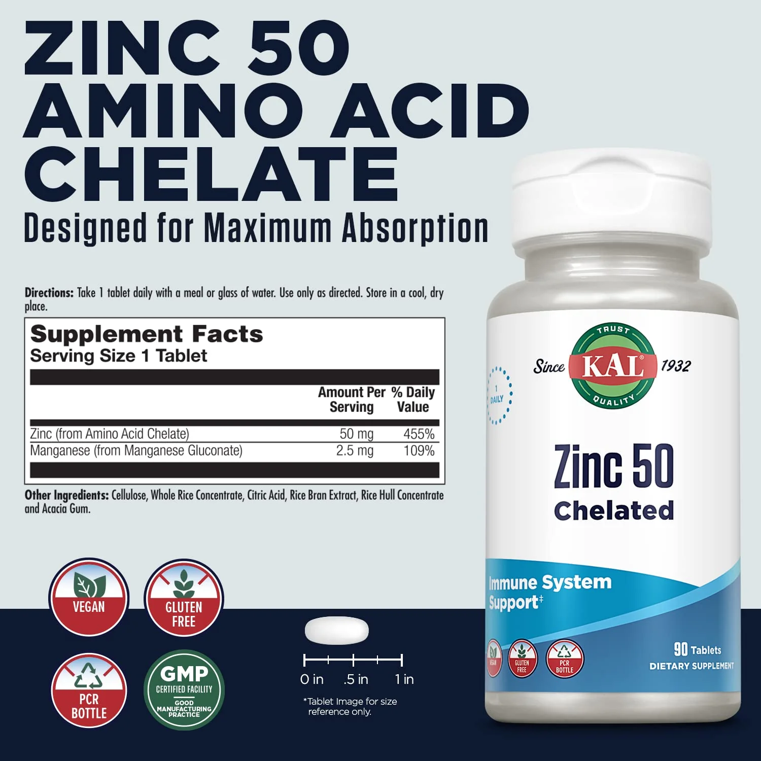 KAL Zinc 50mg Amino Acid Chelate, Immune Support Supplement, Healthy Metabolism and Immune System Formula, Enhanced Absorption, Vegan, Gluten Free, 60-Day Money Back Guarantee, 90 Servings, 90 Tablets - Image 2
