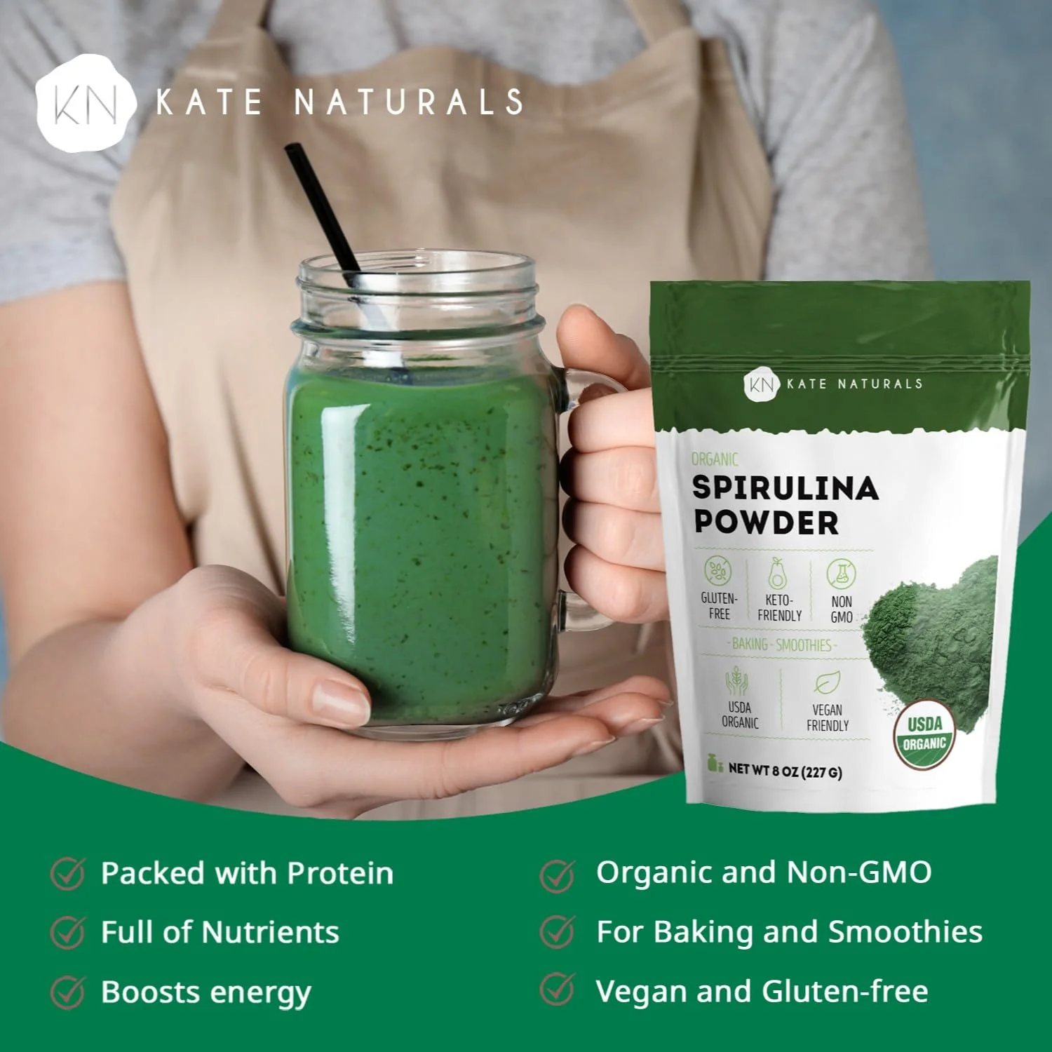 Kate Naturals Organic Spirulina Powder for Immune Support and Antioxidants. Nutrient Dense Superfood Supplement (8 oz, USDA Certified, Non-GMO, Gluten- Free) - Image 5