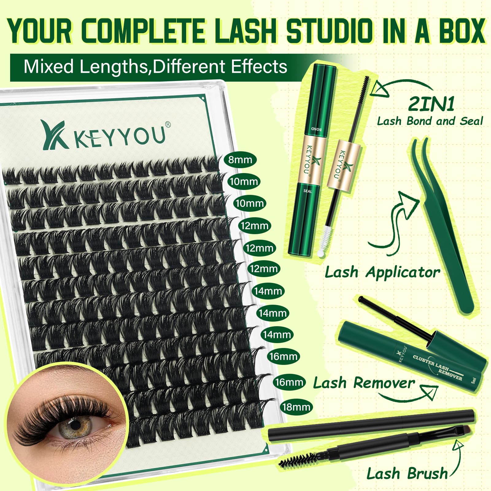 KEYYOU Lash Clusters Kit 144pcs Thick Volume D Curl Eyelash Clusters Lash Extension Kit with Mascara Brush Bond and Seal Glue Remover Applicators and Brush for DIY Lash Extensions (Y02) - Image 6