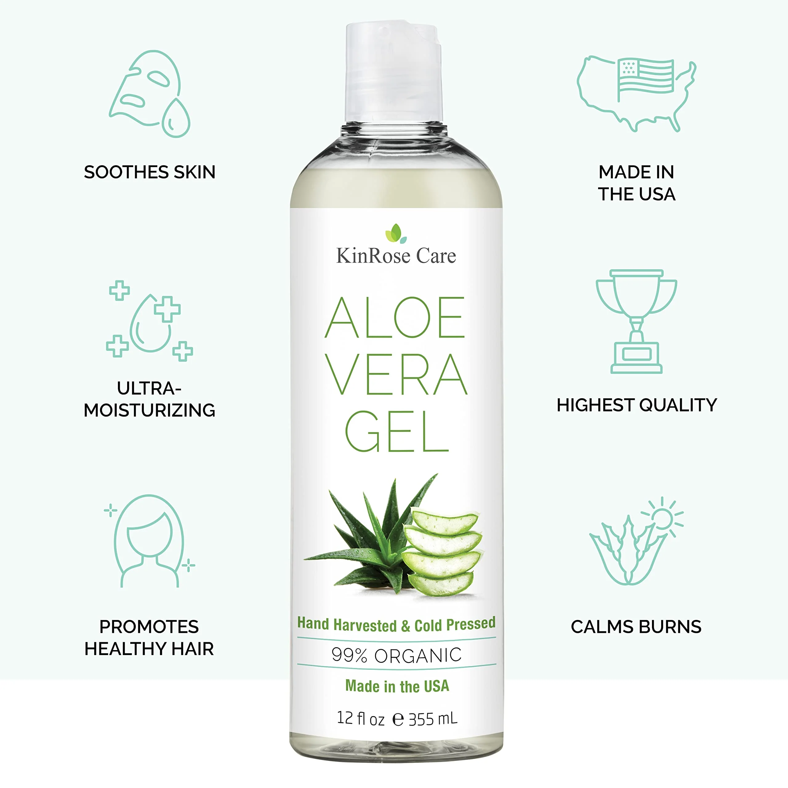 KinRose Care, 12oz Organic Aloe Vera Gel for Face, Skin, Hair & Sunburn Relief - From 100 Percent Pure Aloe Vera - Cold Pressed, Vegan, Unscented - Made in USA. - Image 5