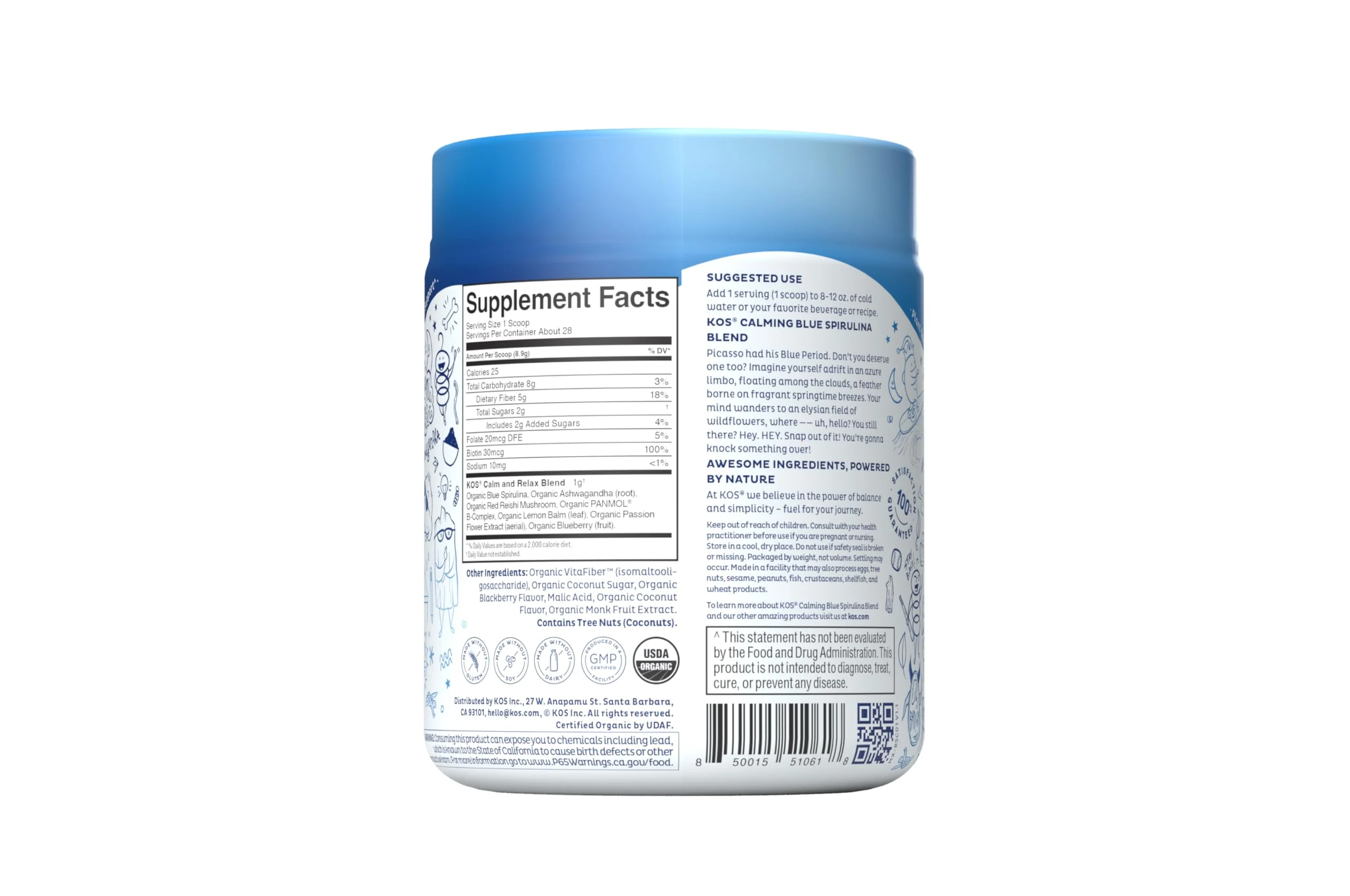 KOS Calming Blue Spirulina Blend- USDA Certified Organic - Algae Superfood Powder with Ashwagandha Root, Lemon Balm, Reishi Mushroom, B Vitamins - Berry Coconut Cooler Flavor, 28 Servings - Image 6