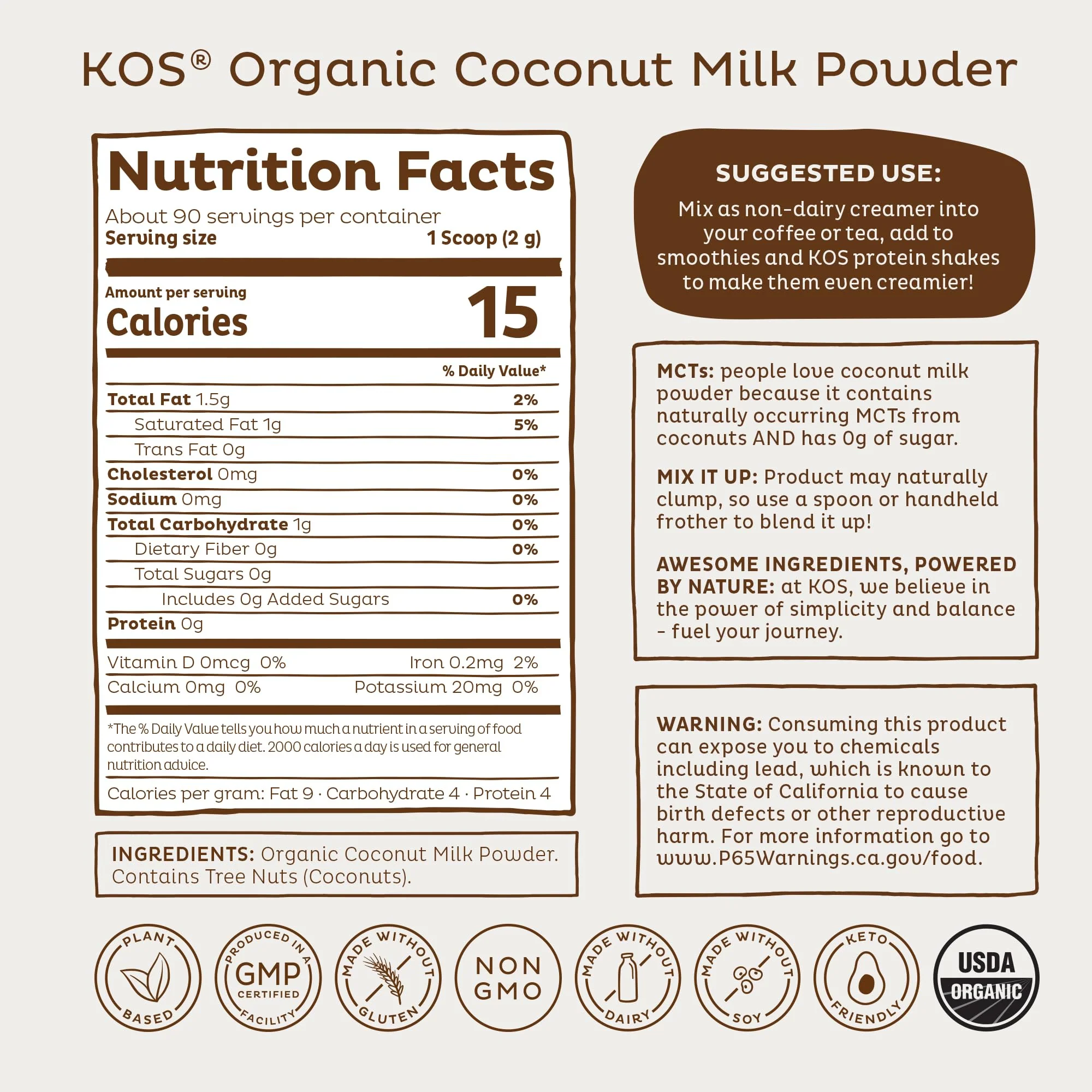 KOS Organic Coconut Milk Powder, USDA Certified - Sugar Free & Plant Based Creamer for Coffee, Tea, Smoothies - Vegan, Keto, Paleo Friendly, Non GMO, Gluten & Dairy Free - 90 Servings Resealable Bag - Image 2