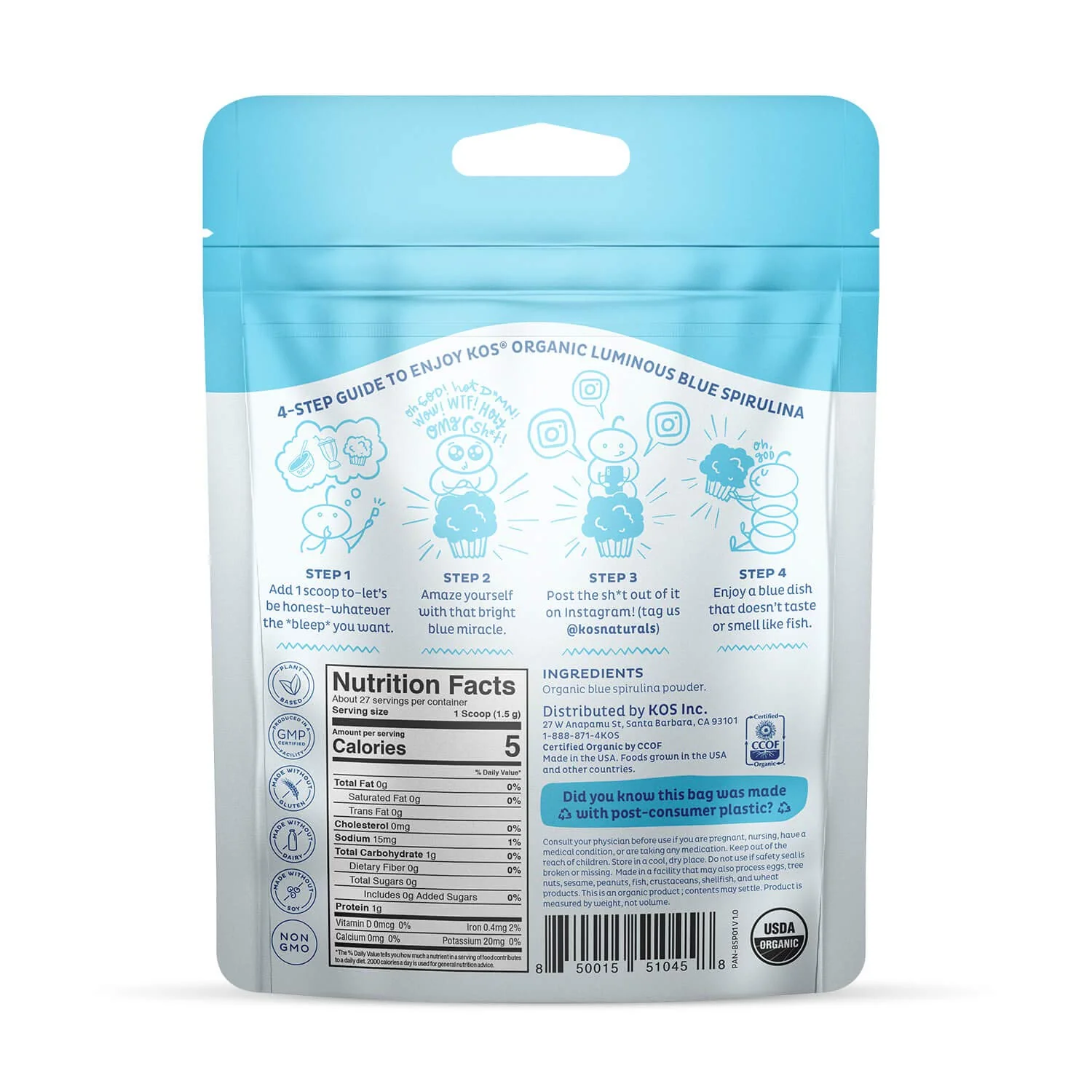 KOS USDA Organic Blue Spirulina Powder, Phycocyanin - Vegan Algae Superfood - Natural Food Coloring for Smoothies & Protein Drinks, Plant Based, Non GMO - 27 Servings - Image 2