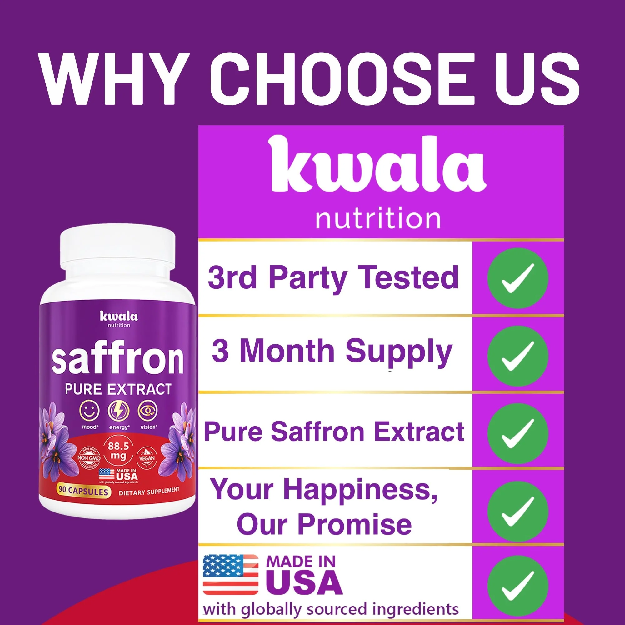 Kwala Nutrition Saffron Supplements for Mood & Focus | 88.5mg Pure Saffron Extract | 3rd Party Tested | Made in USA | 3 Month Supply | 90 Capsules - Image 3
