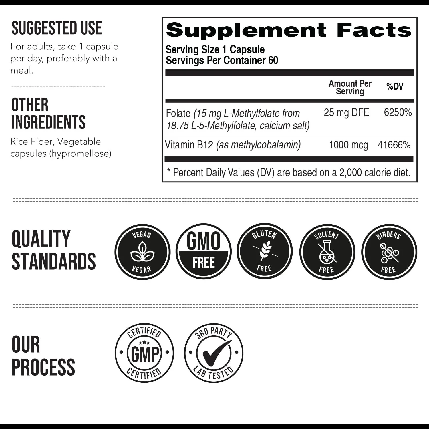 L Methyl Folate 15mg Plus Methyl B12 Cofactor – High Potency, Active 5-MTHF Form - Supports Mood, Methylation, Cognition – Bioactive Forms of Vitamin B9 & B12 (60 Capsules – 60 Servings) - Image 2