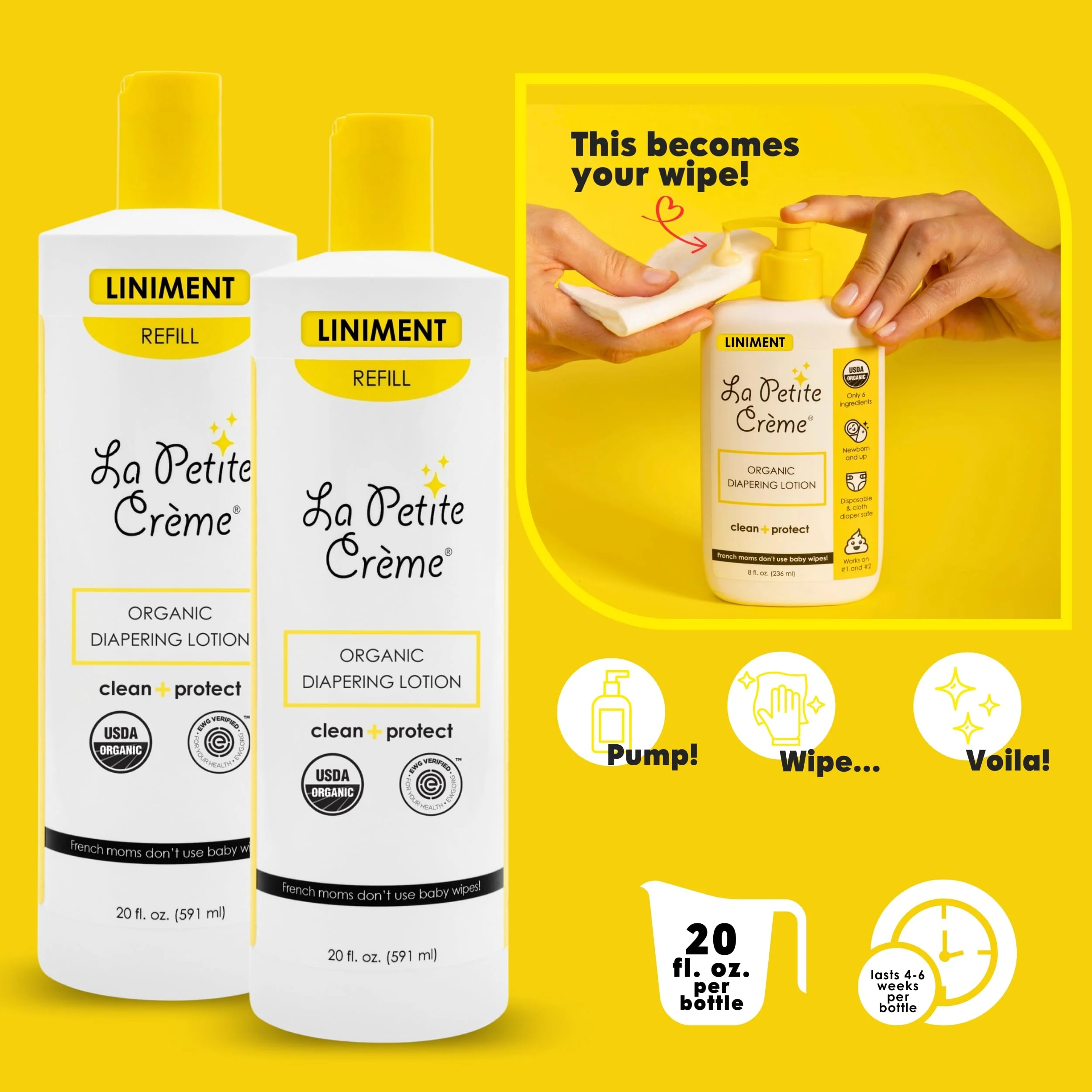 La Petite Creme French Premium Diapering Lotion - Diaper Cream Alternative to Baby Wipes - Moisturizer & Skin Cleanser - USDA Certified Organic Ingredients - Baby Essentials (2 Bottles of 20 oz) - Image 6