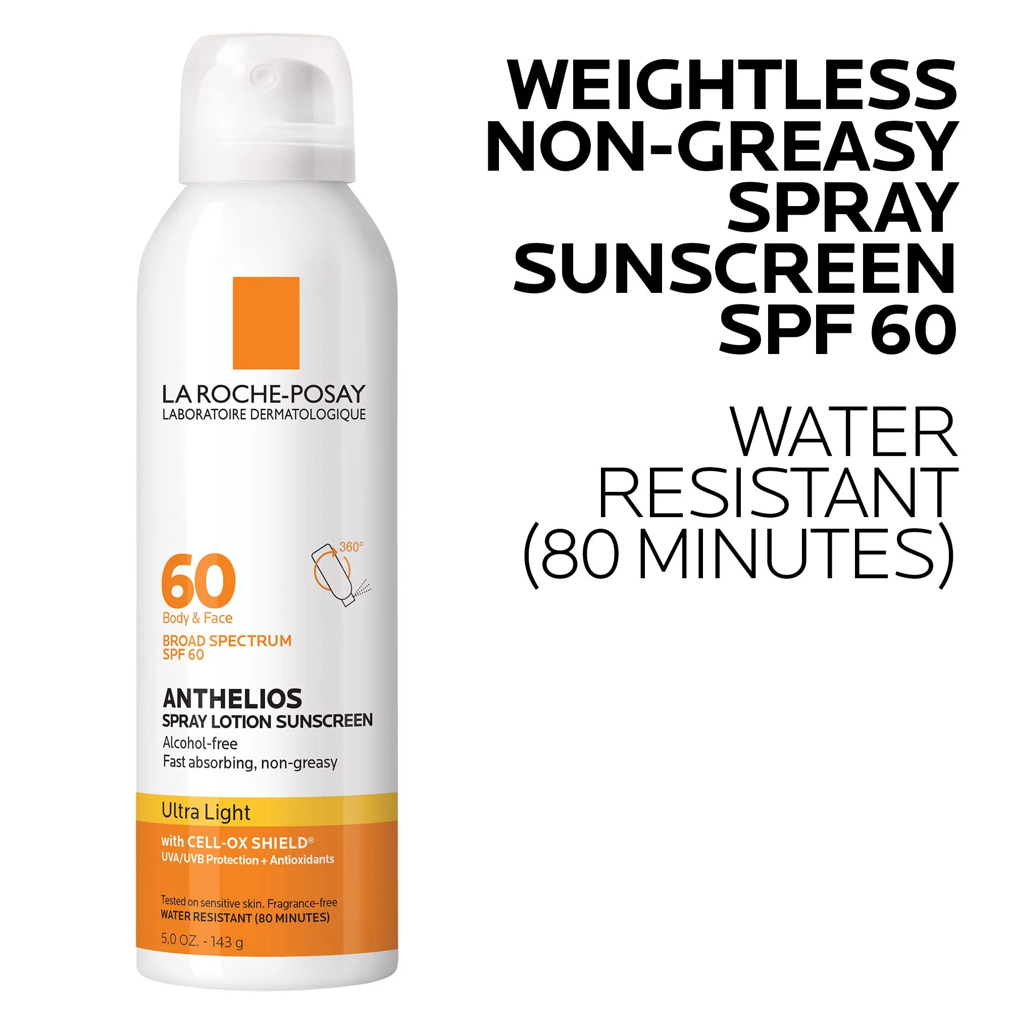 La Roche-Posay Anthelios Ultra-Light Sunscreen Spray Lotion SPF 60, Spray Sunscreen For Face & Body, Broad Spectrum SPF + Antioxidants, Oil Free, Alcohol Free, Water Resistant 80 Min., 5 Fl. Oz. - Image 9