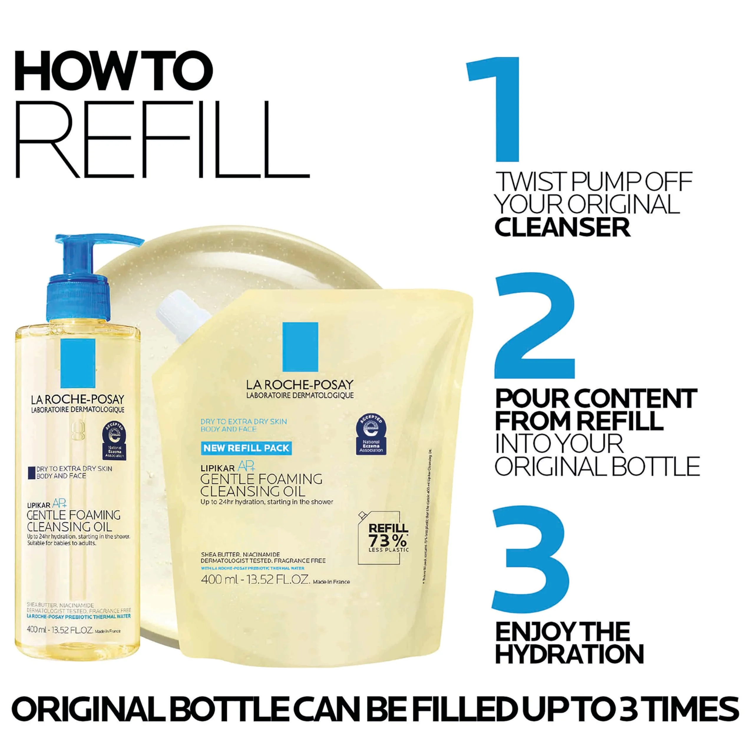 La Roche-Posay Lipikar AP+ Gentle Foaming Cleansing Oil, Gentle Oil Cleanser for Face and Body Formulated with Niacinamide, Long-Lasting 24-hour Hydration, Fragrance-Free & Soap Free - Image 4