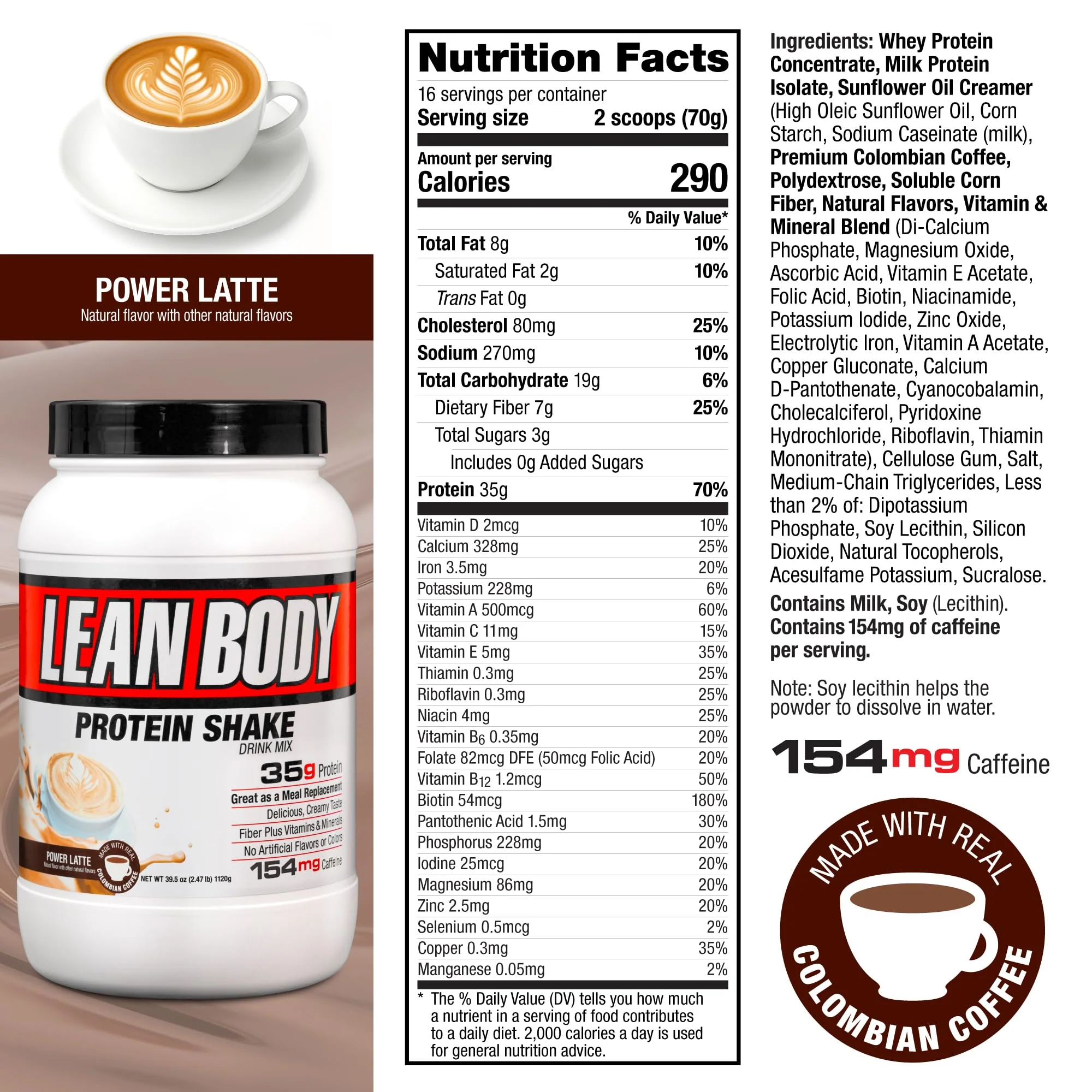 Labrada Lean Body MRP with Premium Columbia Coffee (154mg of Caffeine), Power Latte, 2.47LB Tub - Image 3