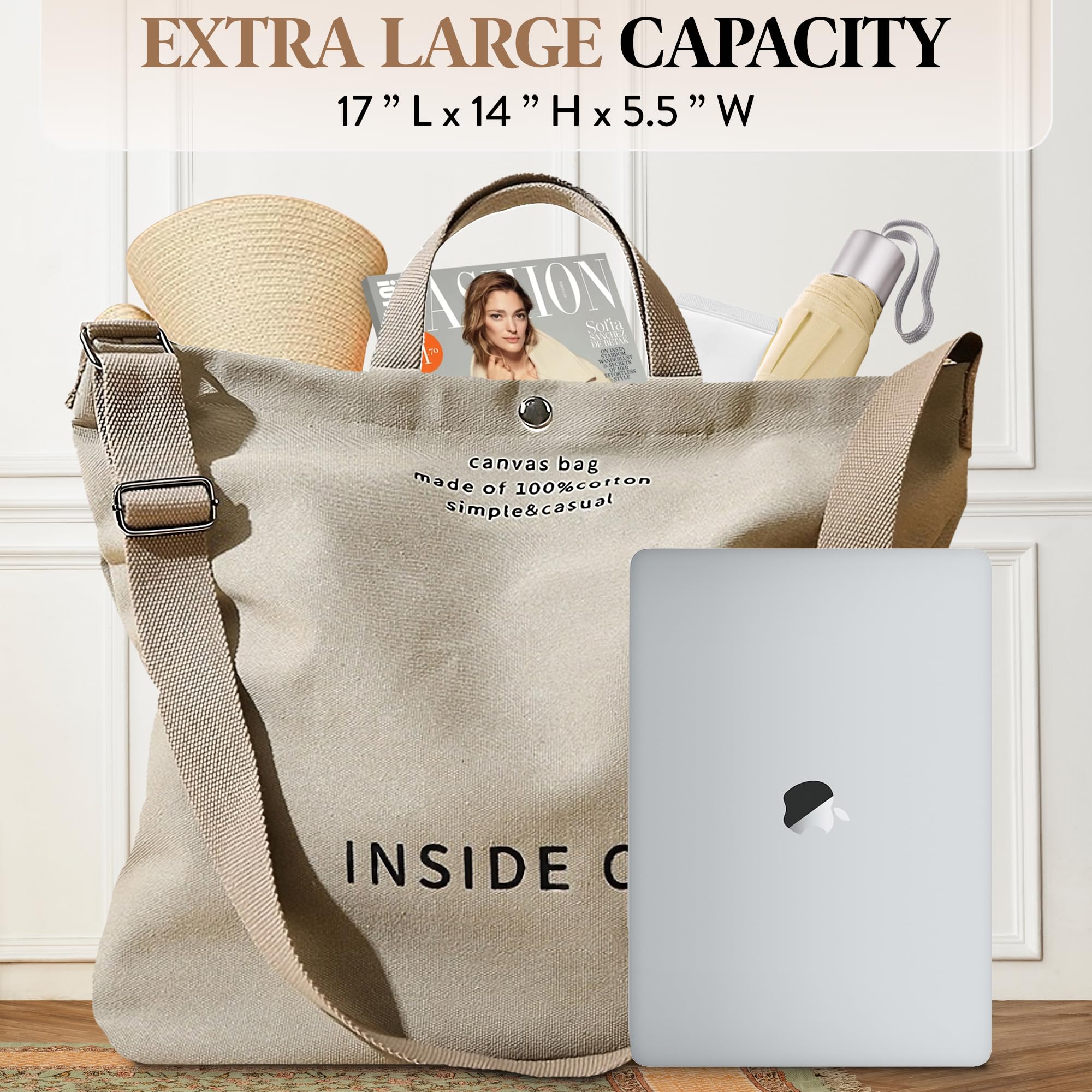 Large Tote Bag for Women, Canvas Bag Women Gift, Fashion Crossbody 16oz Cotton Bag, Large Capacity Shoulder Bag - Image 4