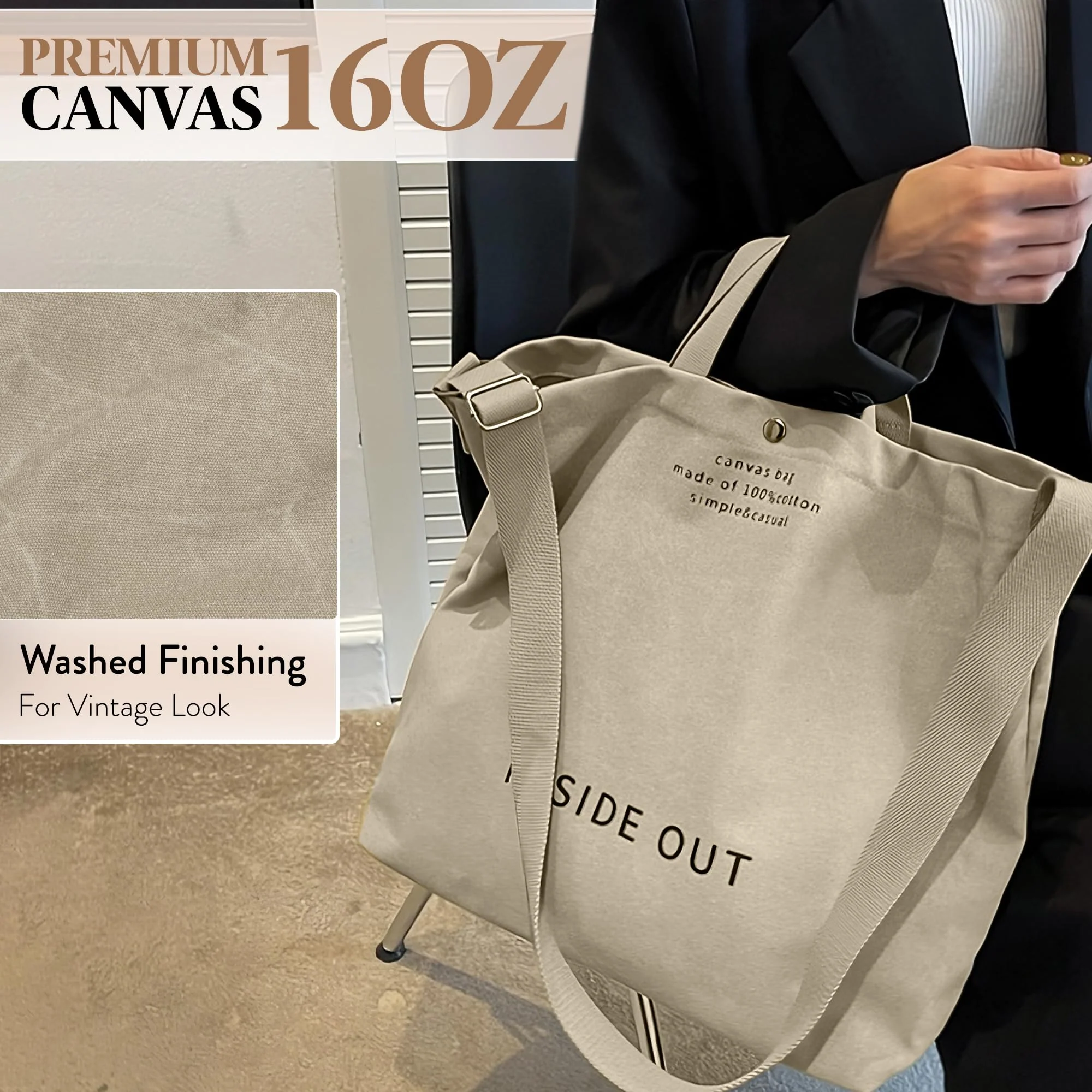 Large Tote Bag for Women, Canvas Bag Women Gift, Fashion Crossbody 16oz Cotton Bag, Large Capacity Shoulder Bag - Image 6