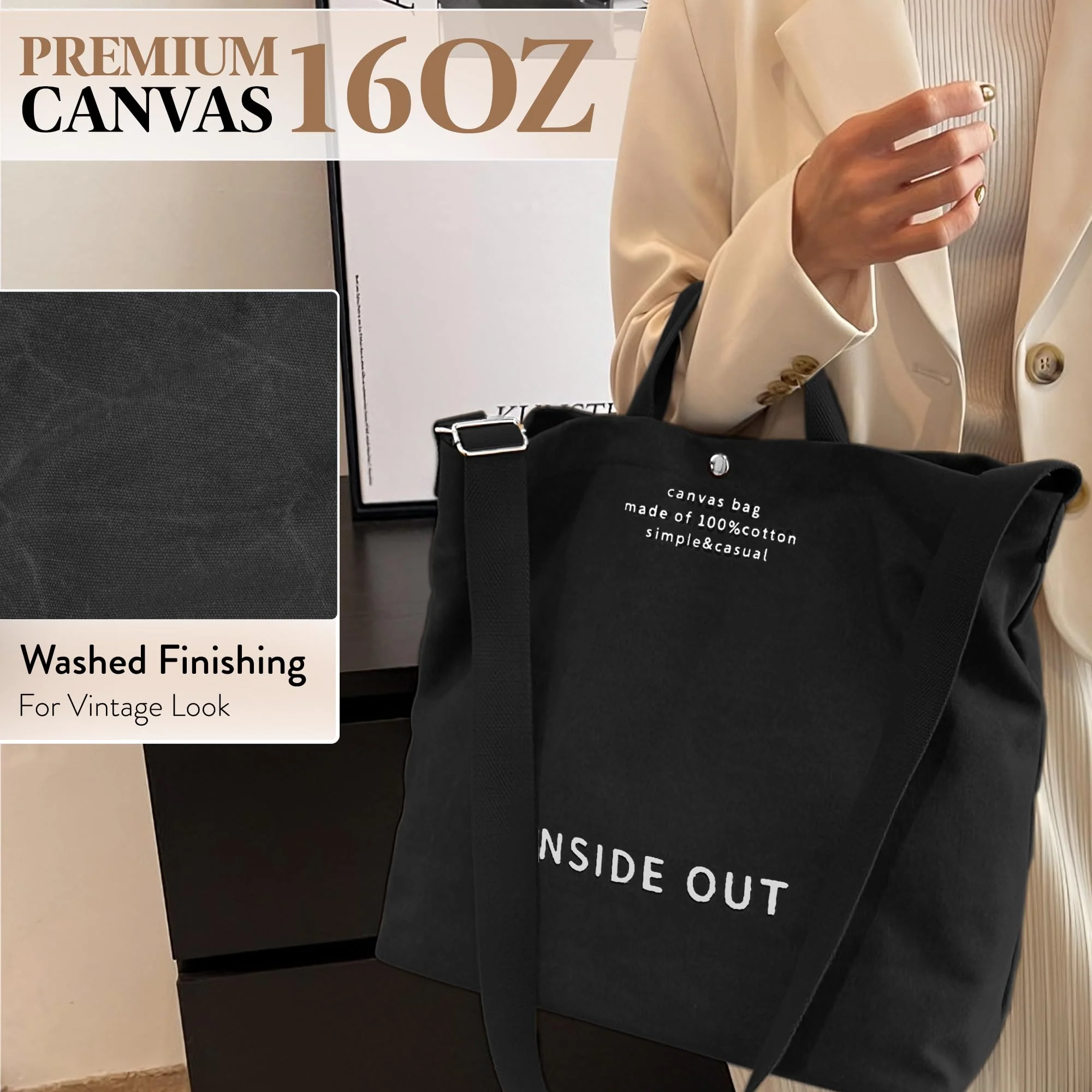 Large Tote Bag for Women, Canvas Bag Women Gift, Fashion Crossbody 16oz Cotton Bag, Large Capacity Shoulder Bag - Image 6
