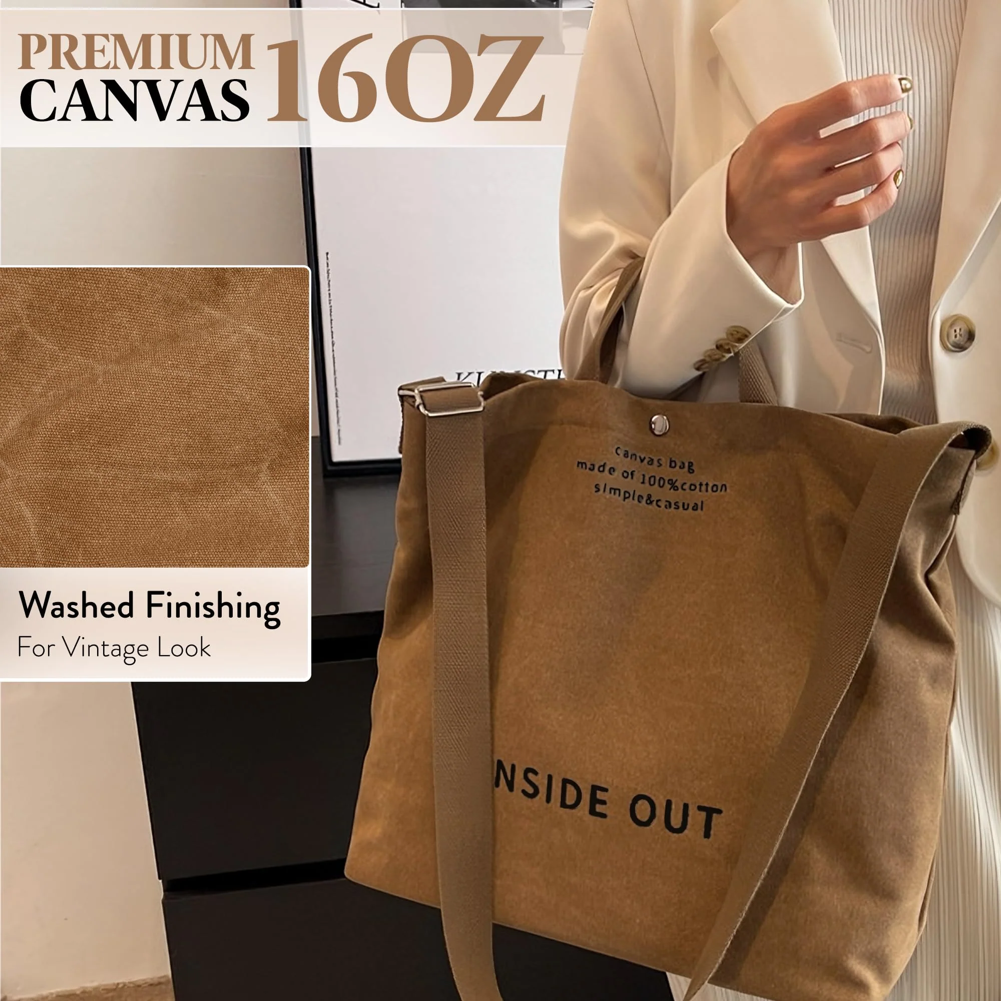 Large Tote Bag for Women, Canvas Bag Women Gift, Fashion Crossbody 16oz Cotton Bag, Large Capacity Shoulder Bag - Image 6