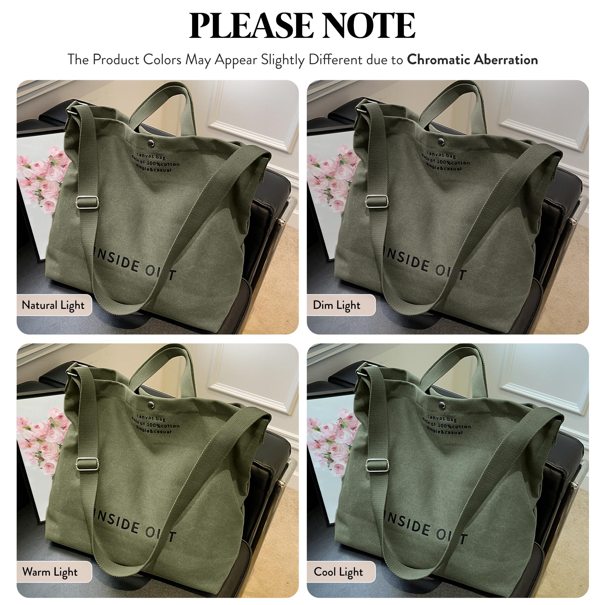 Large Tote Bag for Women, Canvas Gift for Women, Inside Out Bag, Fashion Crossbody 16oz Cotton, Large Capacity Shoulder Tote - Image 3