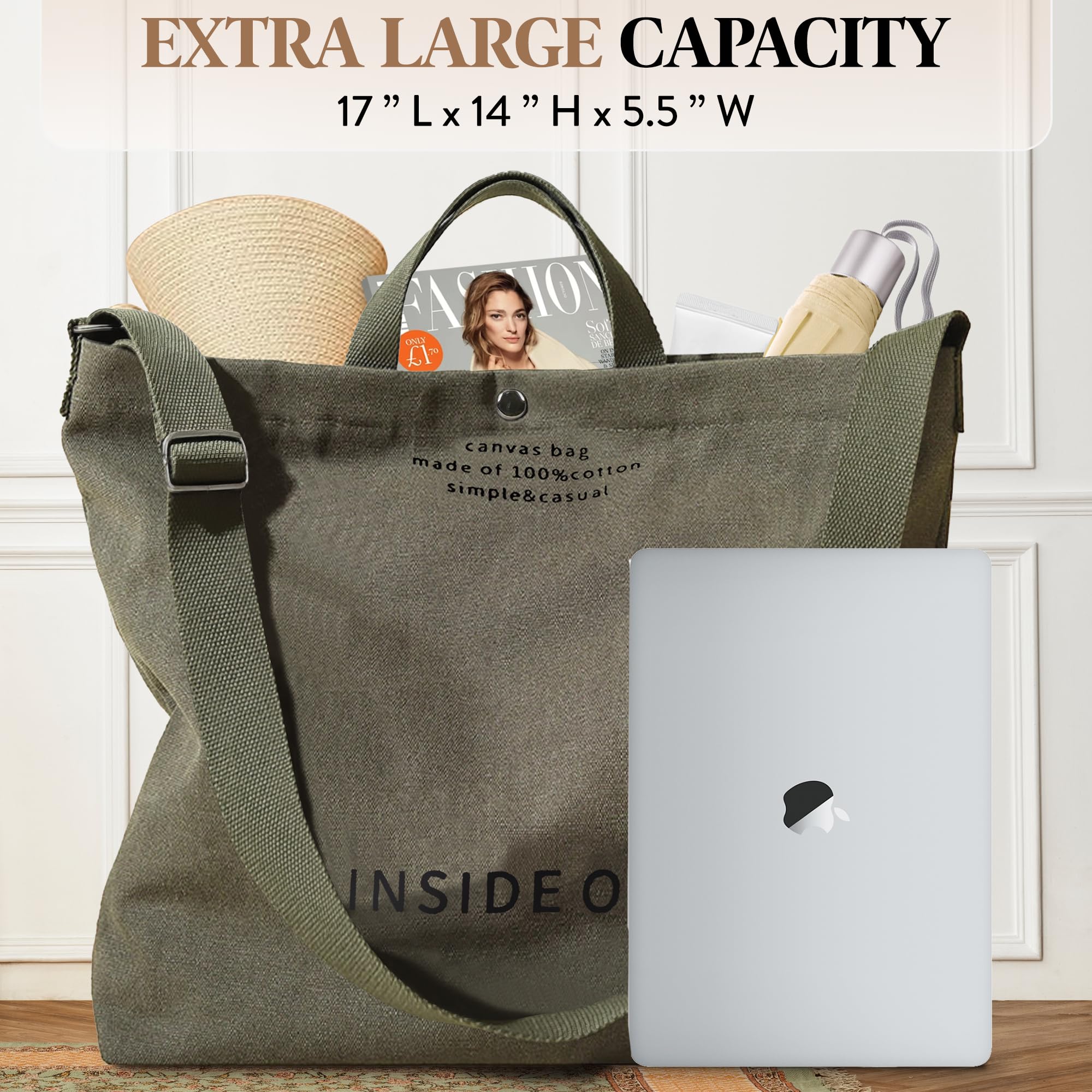 Large Tote Bag for Women, Canvas Gift for Women, Inside Out Bag, Fashion Crossbody 16oz Cotton, Large Capacity Shoulder Tote - Image 4