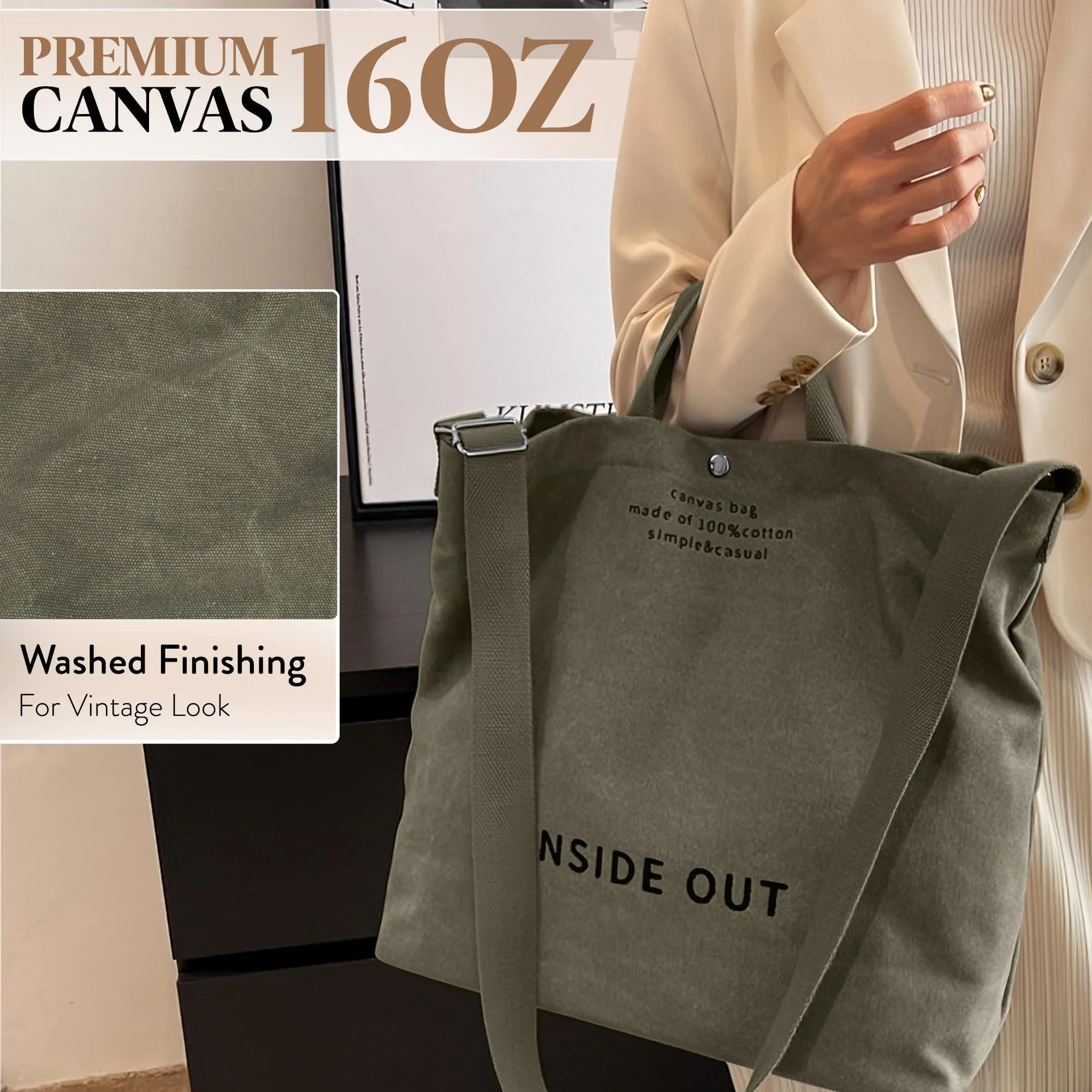 Large Tote Bag for Women, Canvas Gift for Women, Inside Out Bag, Fashion Crossbody 16oz Cotton, Large Capacity Shoulder Tote - Image 6
