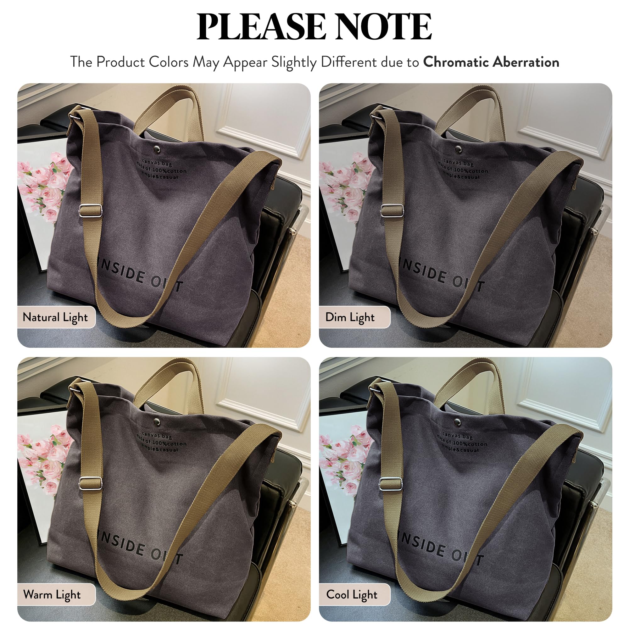 Large Tote Bag for Women, Canvas Gift for Women, Inside Out Bag, Fashion Crossbody 16oz Cotton, Large Capacity Shoulder Tote - Image 3