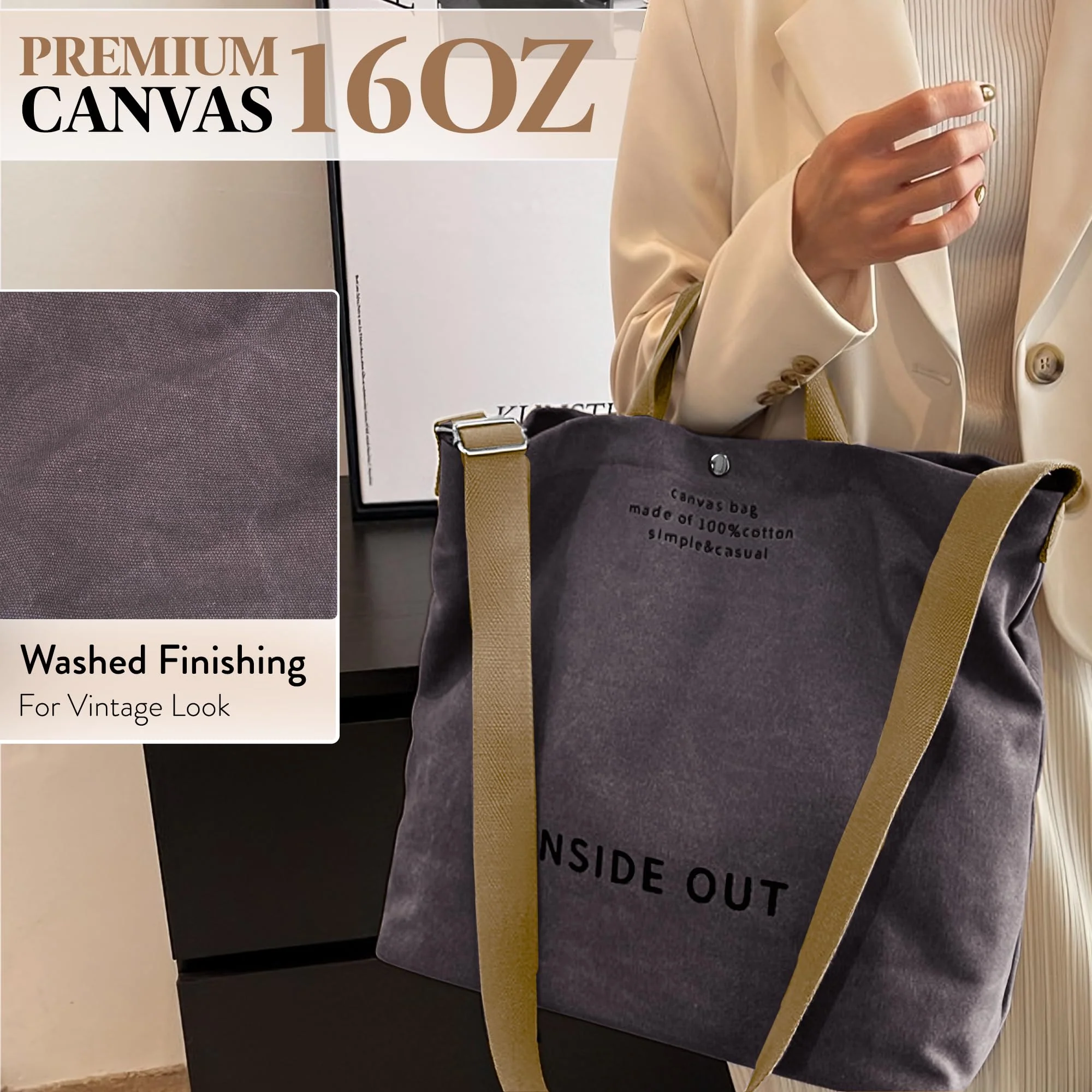 Large Tote Bag for Women, Canvas Gift for Women, Inside Out Bag, Fashion Crossbody 16oz Cotton, Large Capacity Shoulder Tote - Image 6