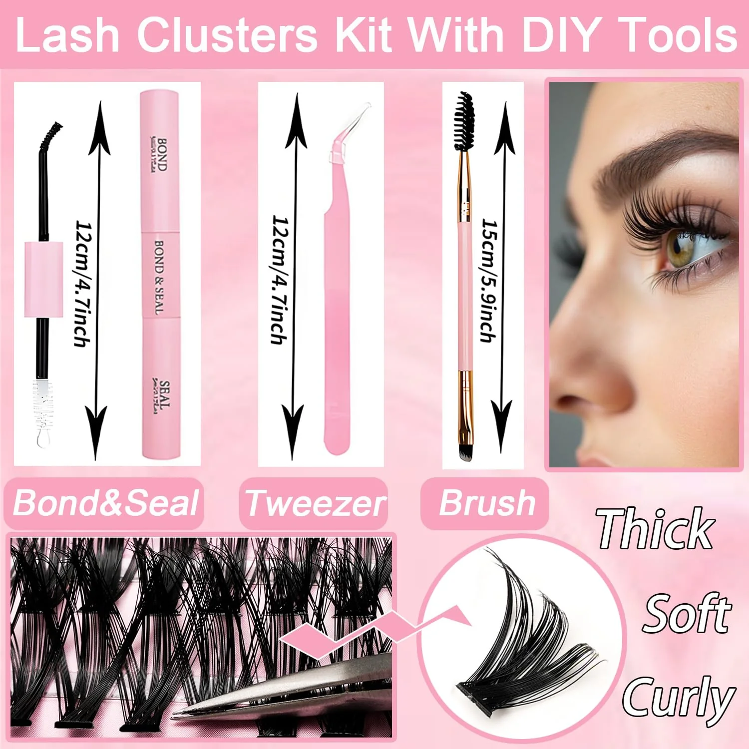 Lash Clusters Kit, 640 Pcs Eyelashes Clusters Extensions Kit 9-16mm Individual Lashes D Curl Fluffy Wispy False Eyelashes Thin Band with Bond Seal Tweezers Brush DIY (30D+40D+50D+60D Kit 9-16mm) - Image 11
