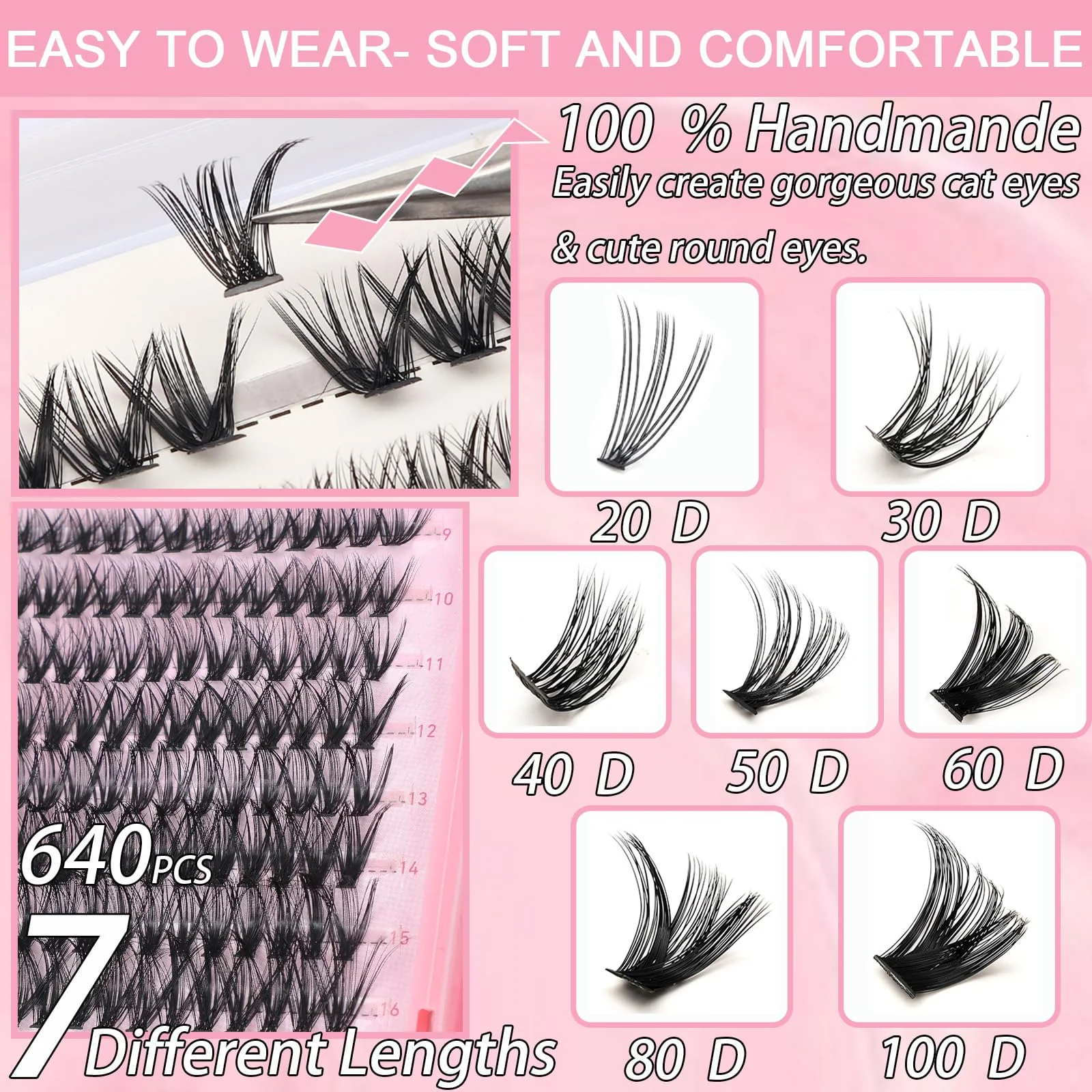 Lash Clusters Kit, 640 Pcs Eyelashes Clusters Extensions Kit 9-16mm Individual Lashes D Curl Fluffy Wispy False Eyelashes Thin Band with Bond Seal Tweezers Brush DIY (30D+40D+50D+60D Kit 9-16mm) - Image 12