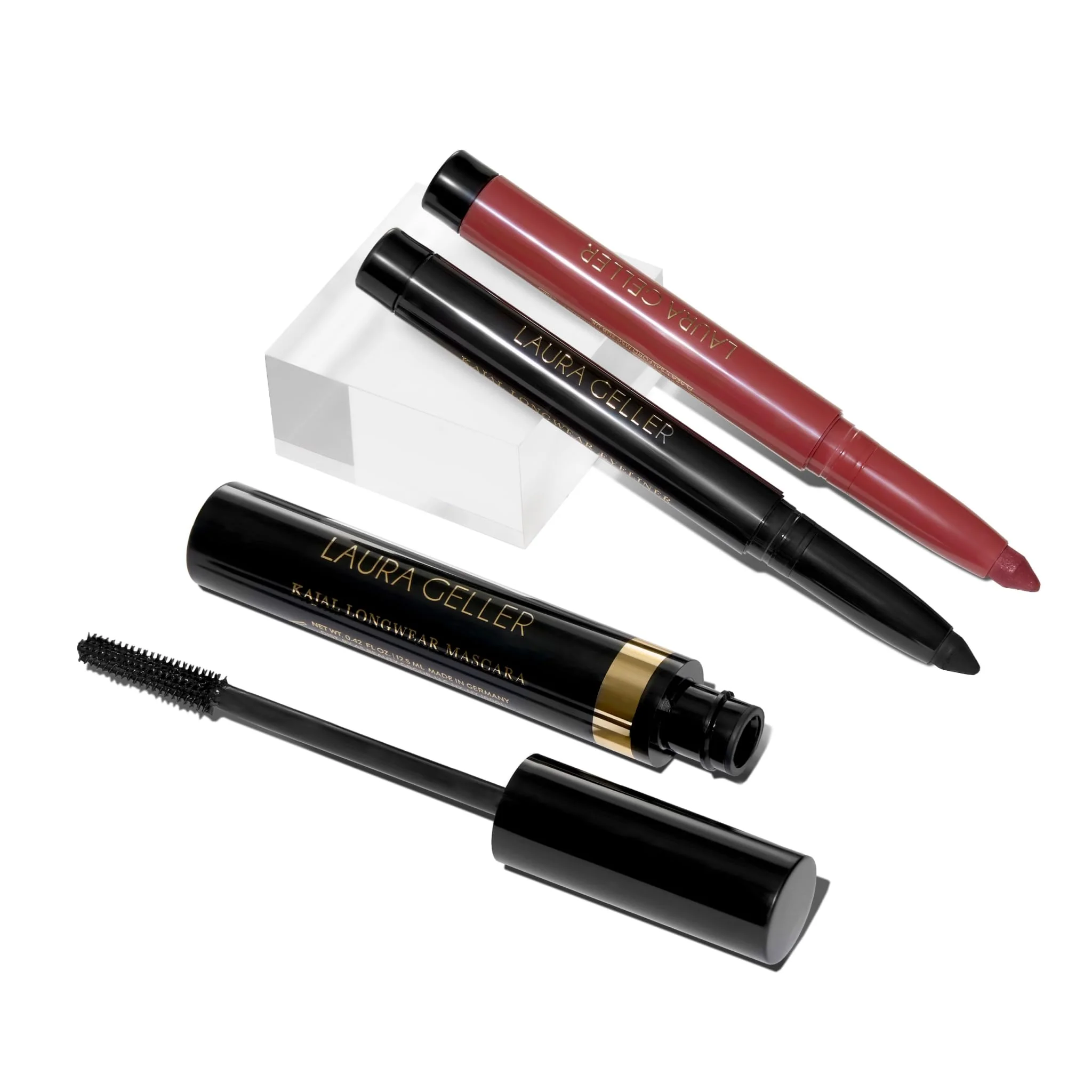 LAURA GELLER NEW YORK The Kajal Collection 3pc Makeup Set (02 Black Mascara, Deep Black Eyeliner, Dahlia Lip Color)
