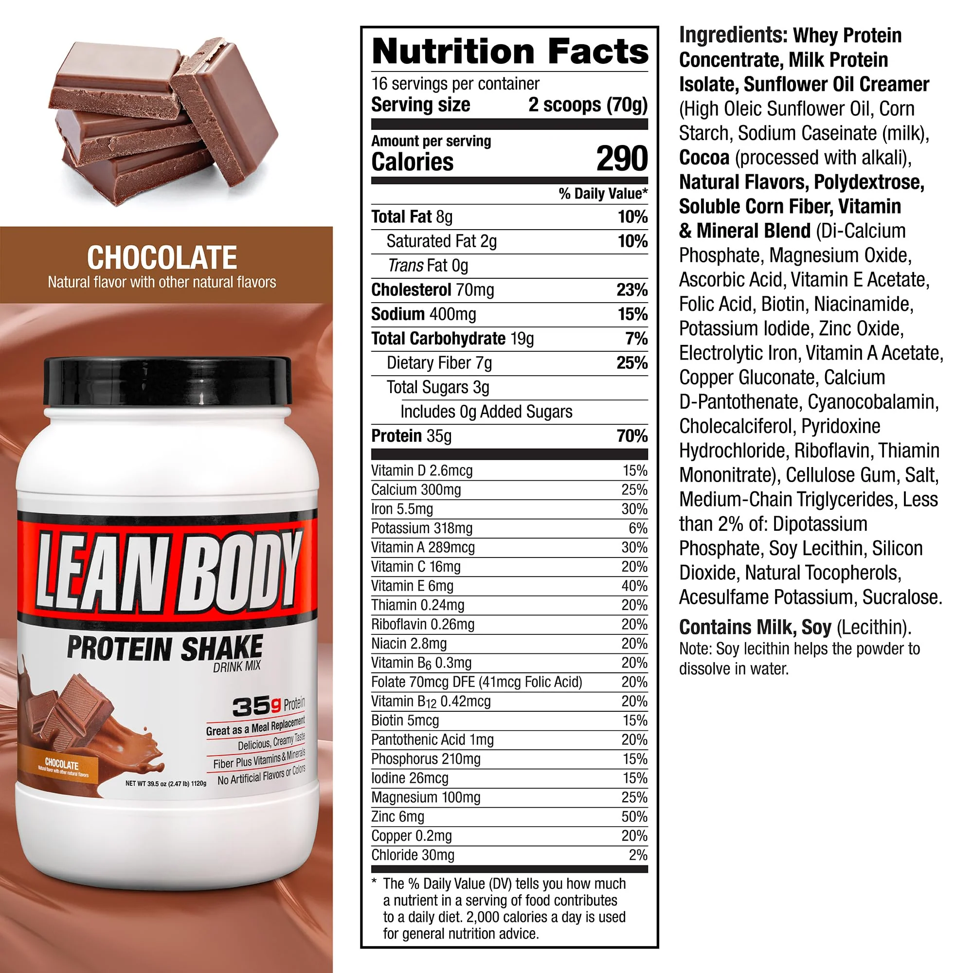 Lean Body All-in-One Chocolate Meal Replacement Shake. 35g Protein, Whey Blend, 7g Healthy Fats & Fibre, 22 Vitamins and Minerals, No Artificial Colours, Gluten Free LABRADA - Image 2