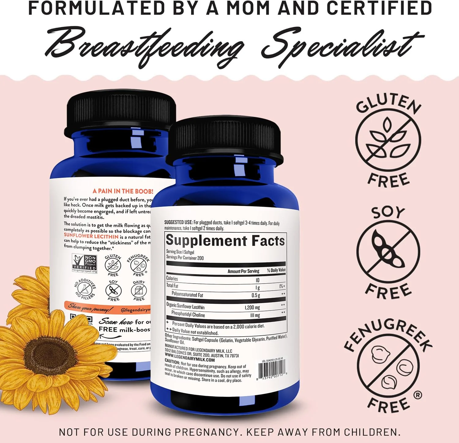 Legendairy Milk Sunflower Lecithin 1200mg, Lactation Support, Sunflower Lecithin Supplement for Clogged Milk Ducts, Made in USA, 200 Softgels - Image 8